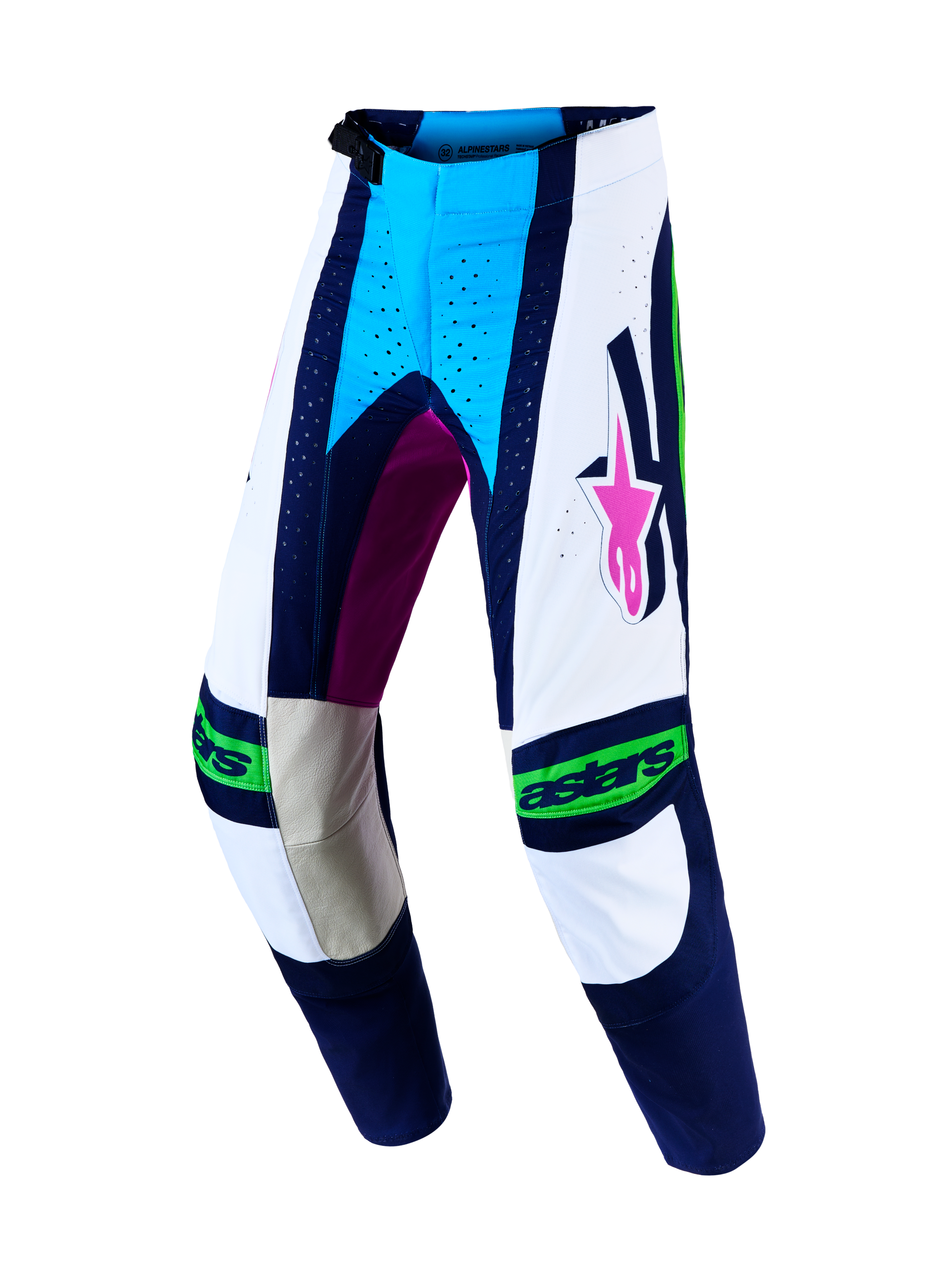Alpinestars Pantaloni Techstar Maven, pantaloni da motocross da uomo, bianchi e blu, pannelli in pelle e taglio racing.