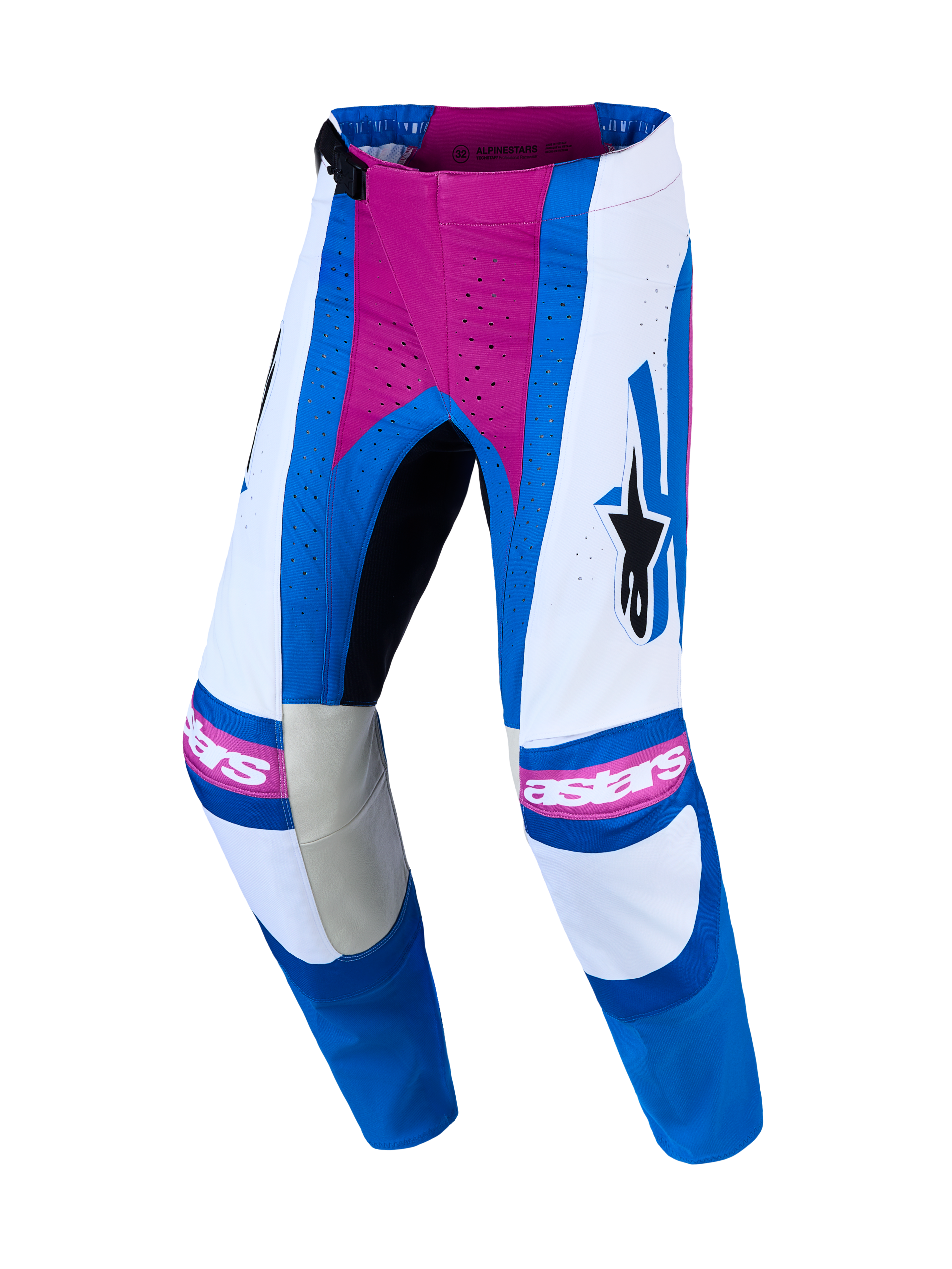 Alpinestars Pantaloni Techstar Maven, pantaloni da motocross fuoristrada da uomo, bianchi, blu e rosa, con perforazioni al laser e inserti in pelle