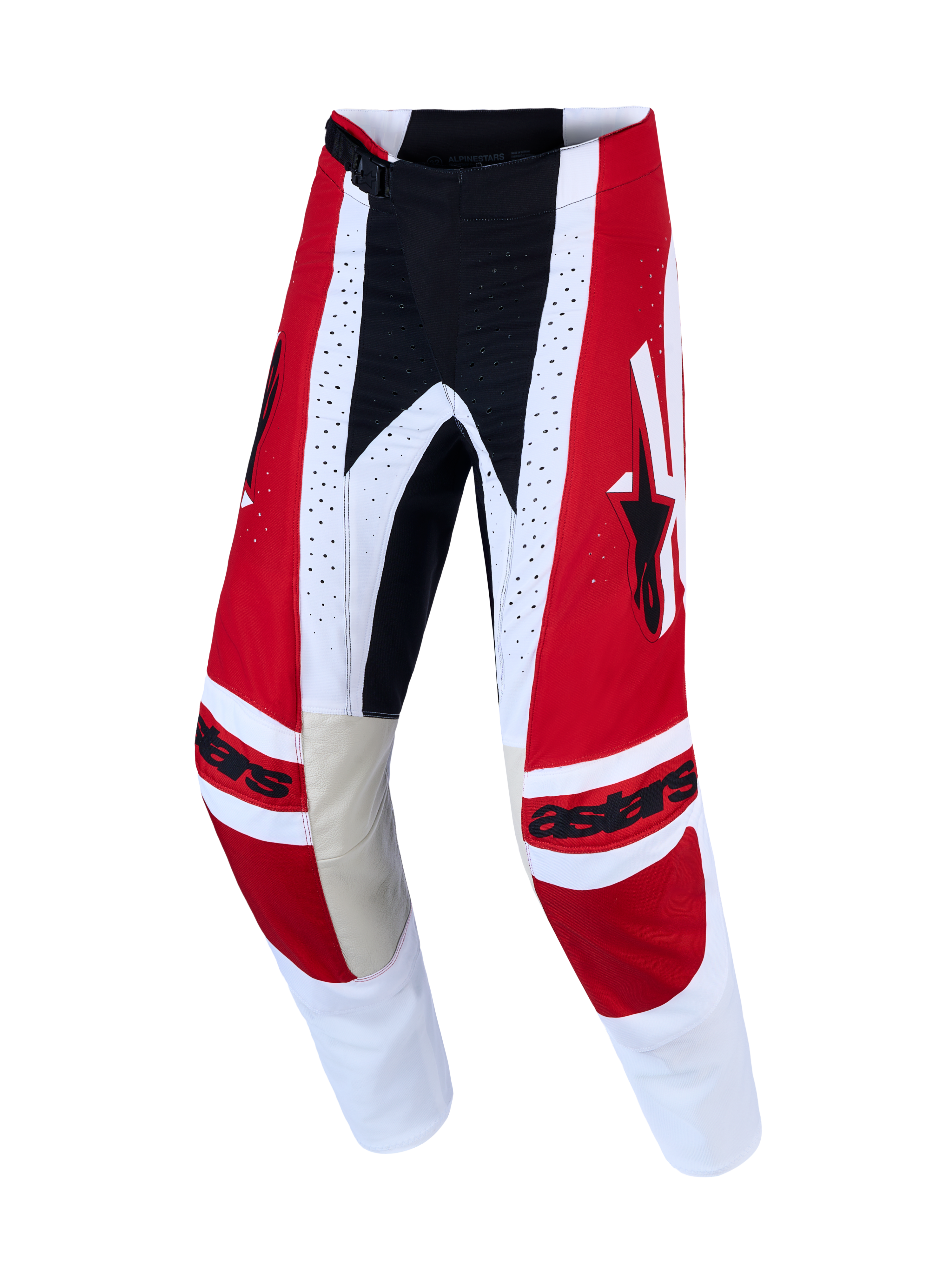 Alpinestars pantaloni Techstar Maven, pantaloni da motocross uomo rossi e bianchi, in resistente poly-fabric 600D.