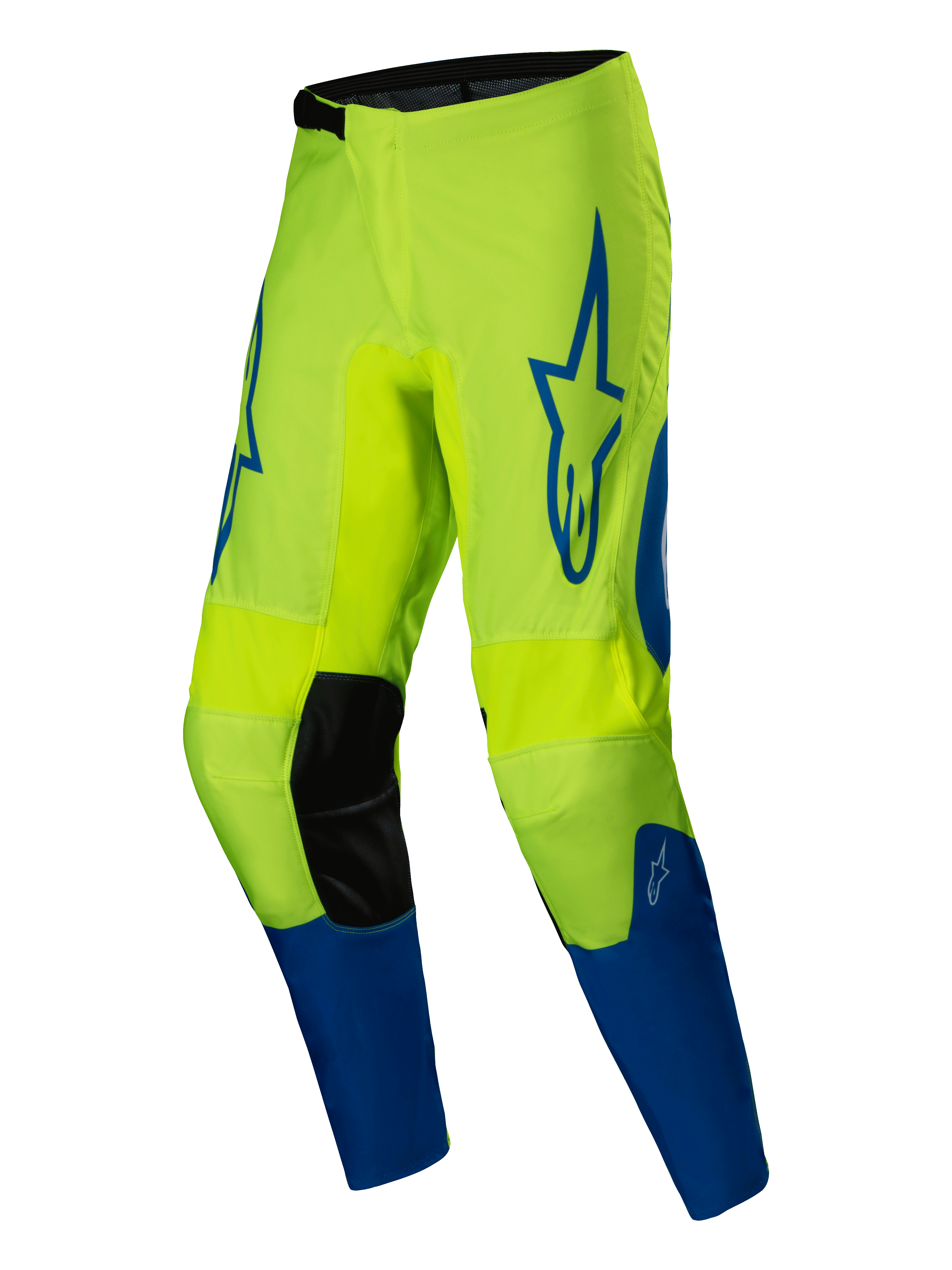 Alpinestars Pantaloni Fluid Haul 2025, pantaloni da motocross da uomo, giallo fluo e blu con inserti in pelle sintetica sulle ginocchia