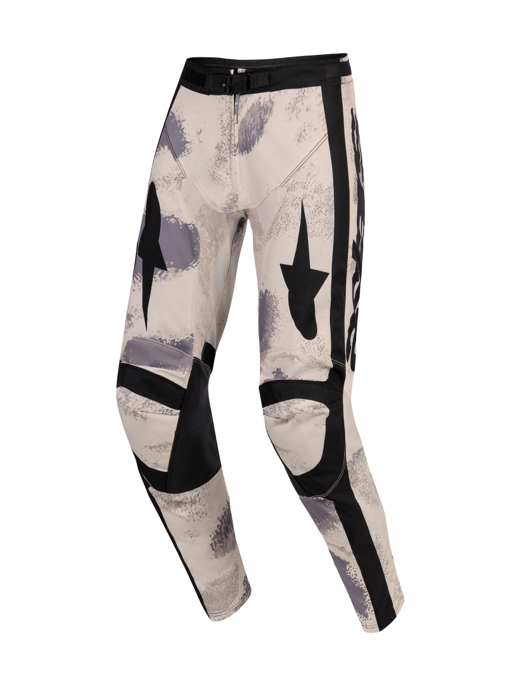 Alpinestars 2026 Racer Lahnd Pants, pantaloni da motocross, Sand Camo, base off-white con motivi a pennellata grigi e neri, grafiche a stella nere sulle cosce, pannelli neri rinforzati sulle ginocchia e fibbia regolabile in vita, design ergonomico per corse off-road