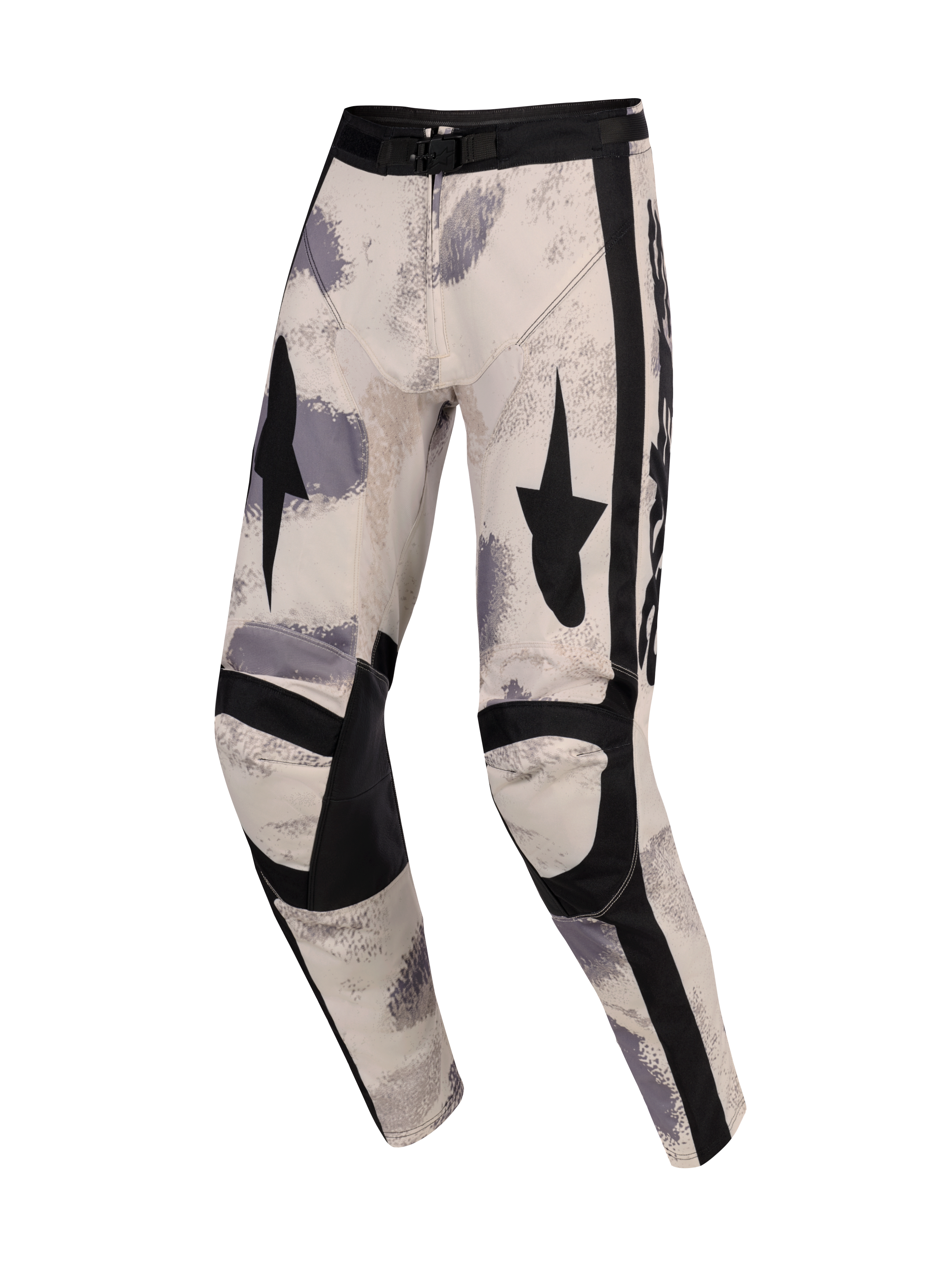 Alpinestars 2026 Racer Lahnd Pants, pantaloni da motocross, Sand Camo, base off-white con motivi a pennellata grigi e neri, grafiche a stella nere sulle cosce, pannelli neri rinforzati sulle ginocchia e fibbia regolabile in vita, design ergonomico per corse off-road