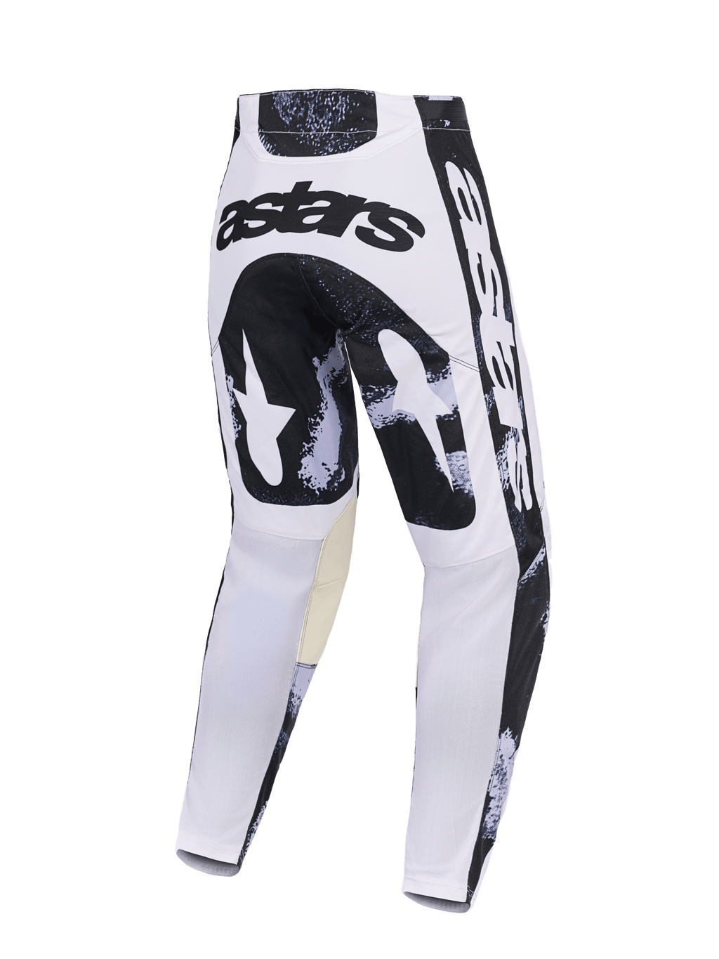 Alpinestars Pantaloni Racer Lahnd 2026, pantaloni da motocross, Iron Camo, vista posteriore con design mimetico bianco e nero, logo 'astars' sulla seduta, pannelli interni alle ginocchia color sabbia, robusta struttura in poliestere per il fuoristrada