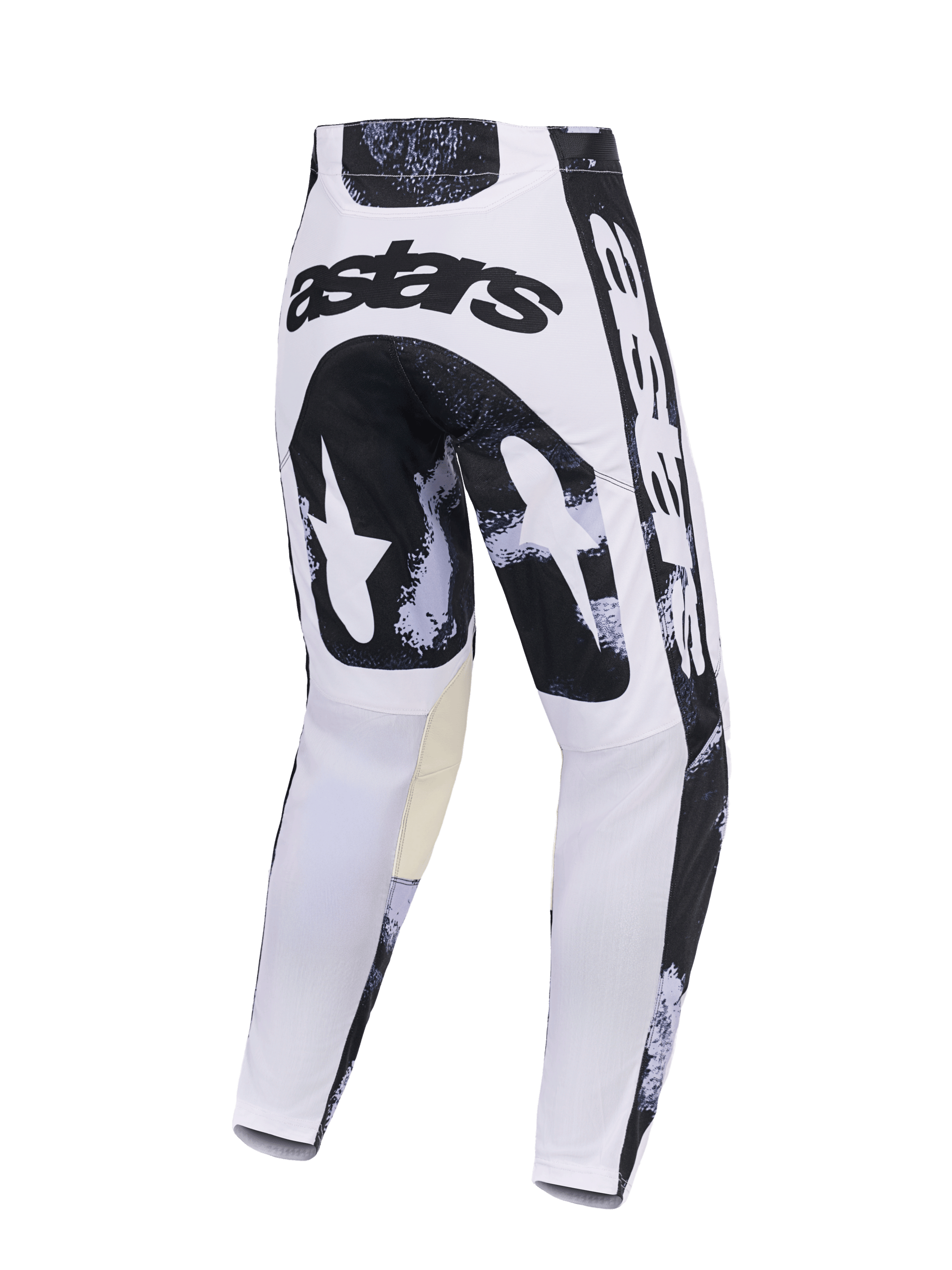 Alpinestars Pantaloni Racer Lahnd 2026, pantaloni da motocross, Iron Camo, vista posteriore con design mimetico bianco e nero, logo 'astars' sulla seduta, pannelli interni alle ginocchia color sabbia, robusta struttura in poliestere per il fuoristrada