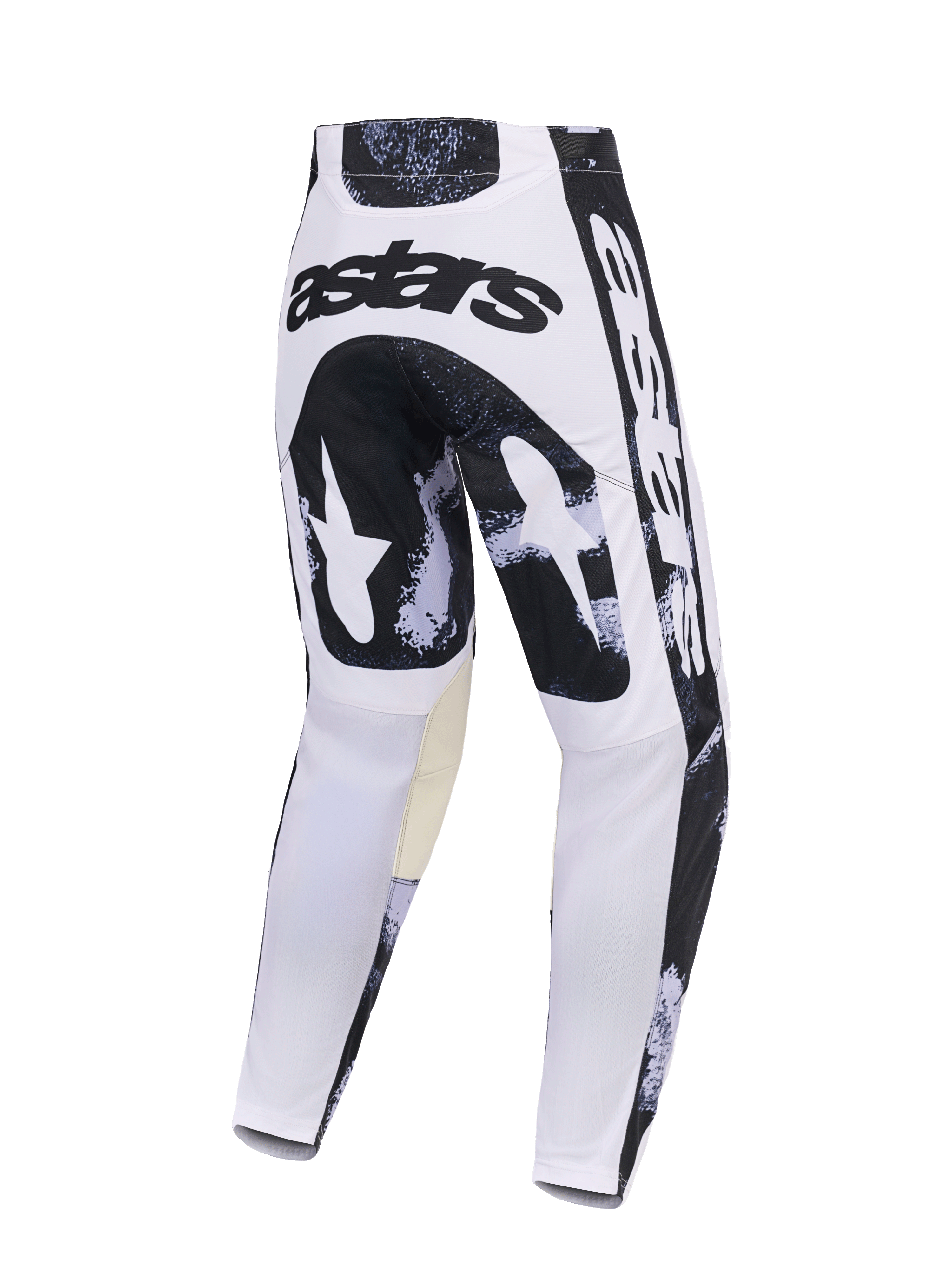 Alpinestars Pantaloni Racer Lahnd 2026, pantaloni da motocross, Iron Camo, vista posteriore con design mimetico bianco e nero, logo 'astars' sulla seduta, pannelli interni alle ginocchia color sabbia, robusta struttura in poliestere per il fuoristrada