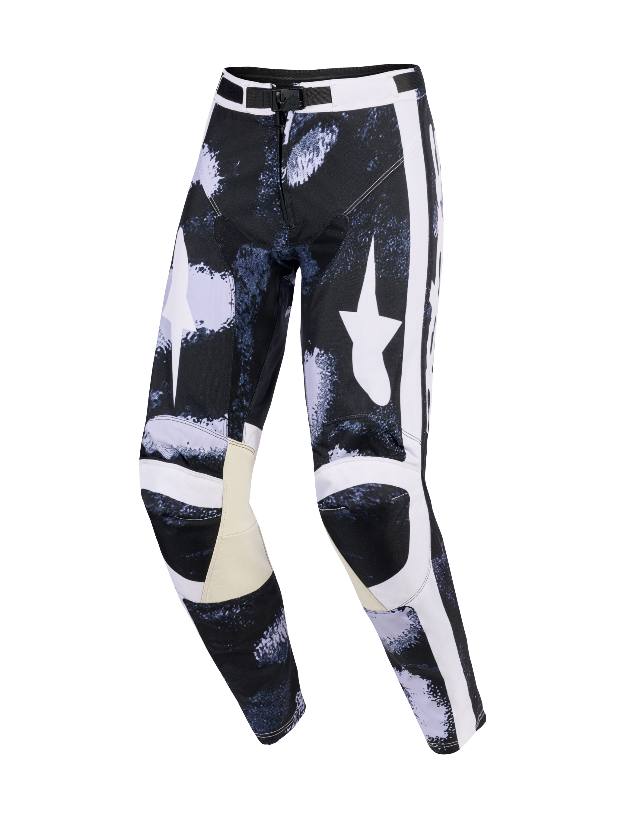 Alpinestars pantaloni Racer Lahnd 2026, pantaloni da motocross, grigio e nero Iron Camo, con grandi loghi a stella bianchi sulle cosce, strisce laterali bianche, pannelli interni alle ginocchia in pelle beige, vestibilità sportiva pre-curvata
