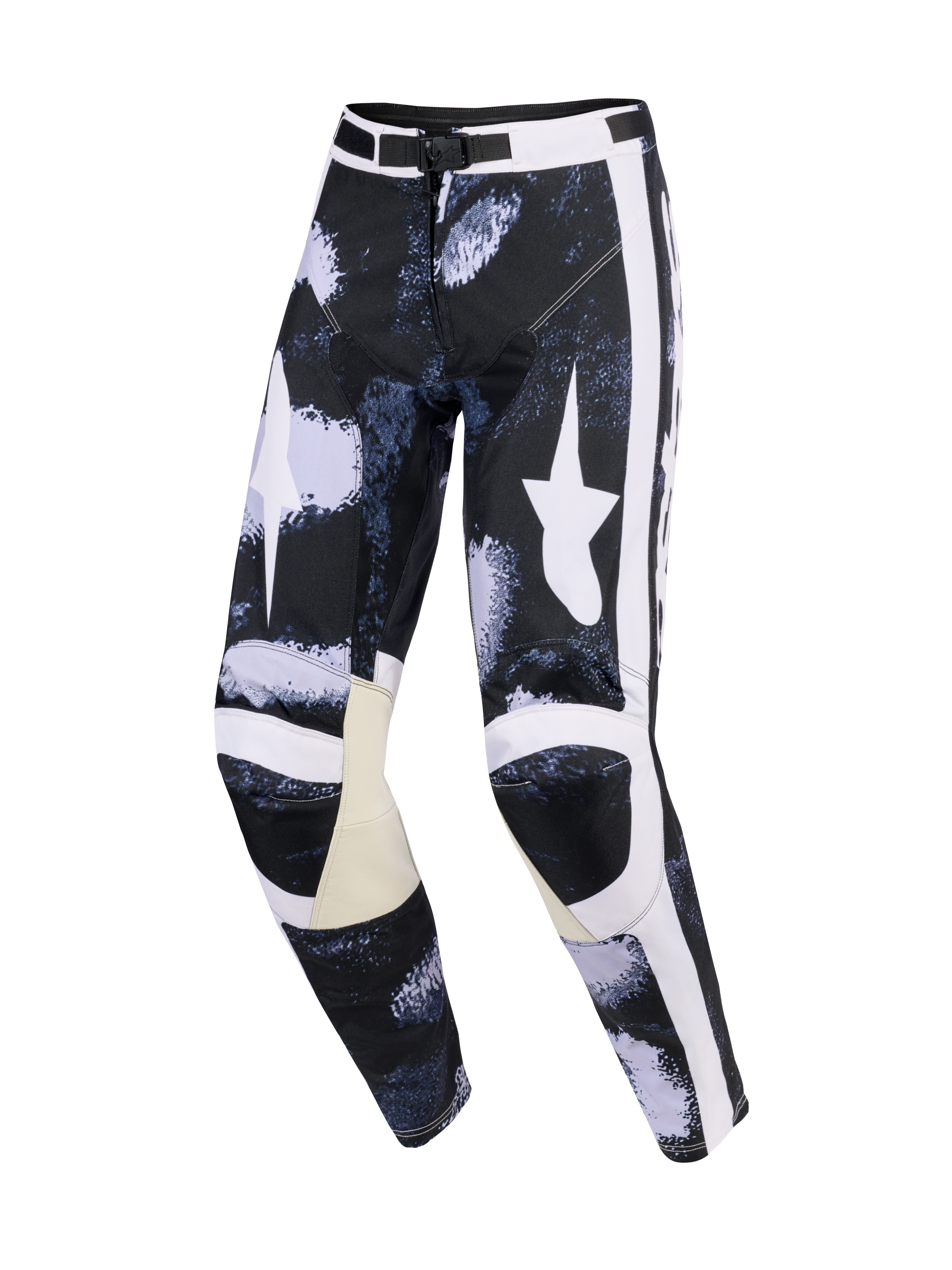 Alpinestars pantaloni Racer Lahnd 2026, pantaloni da motocross, grigio e nero Iron Camo, con grandi loghi a stella bianchi sulle cosce, strisce laterali bianche, pannelli interni alle ginocchia in pelle beige, vestibilità sportiva pre-curvata