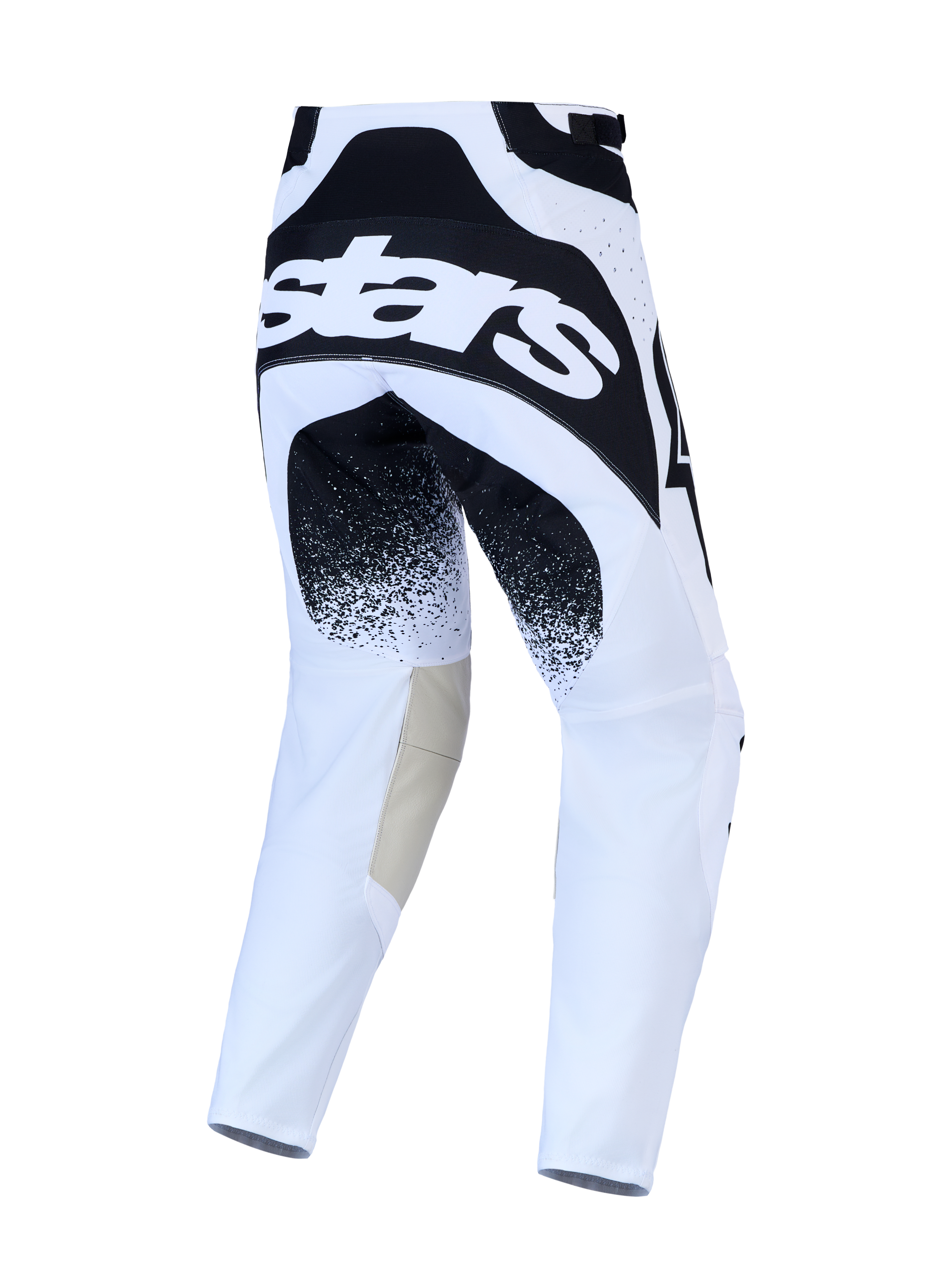 Alpinestars Pantaloni Techstar Swan, pantaloni da motocross per uomo, bianchi e neri, in pelle e tessuto elasticizzato, vista posteriore con logo astars