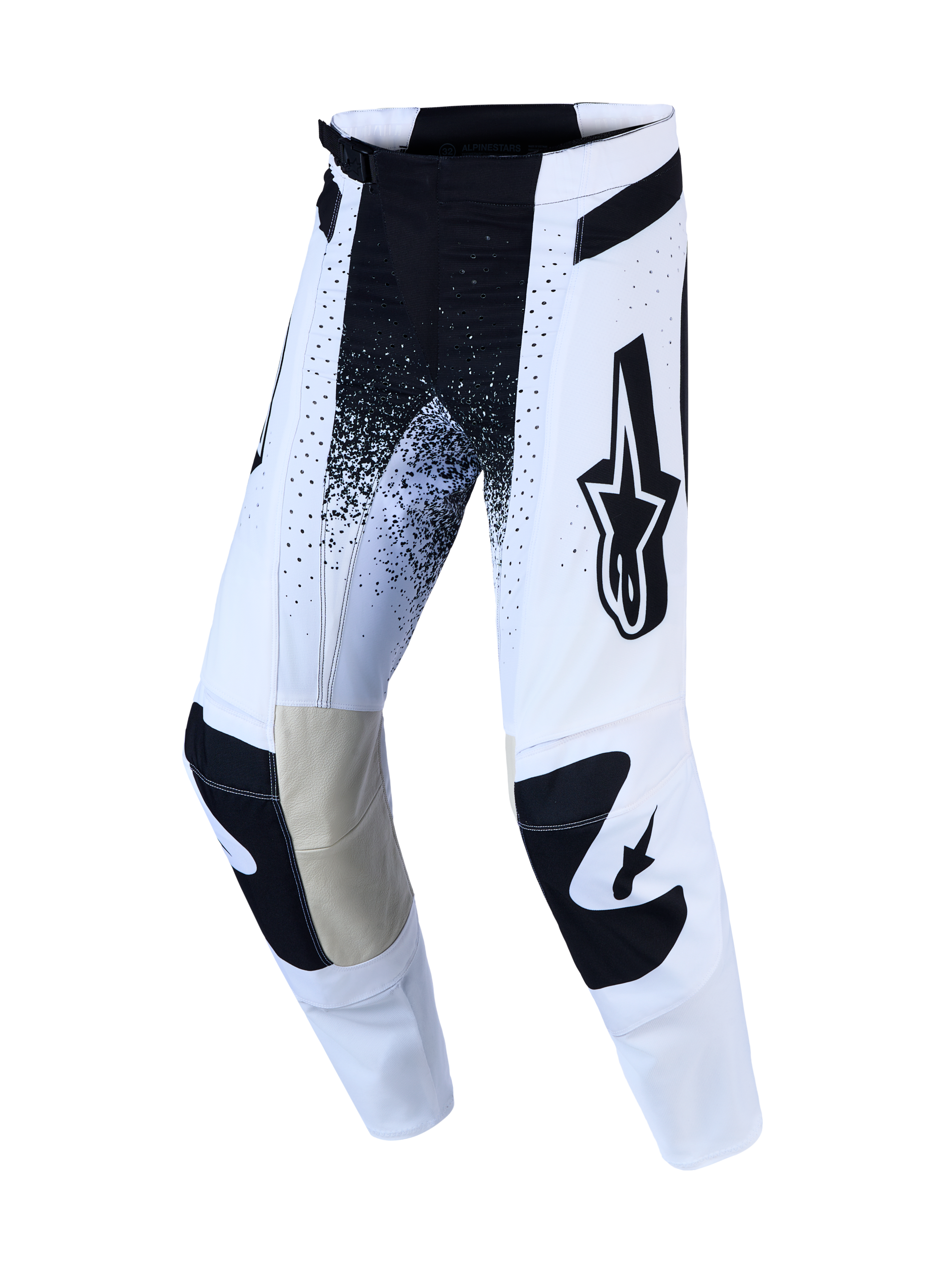 Alpinestars Pantaloni Techstar Swan AND Techstar Swan Gear Set, pantaloni da motocross bianchi e neri con pannelli in pelle.
