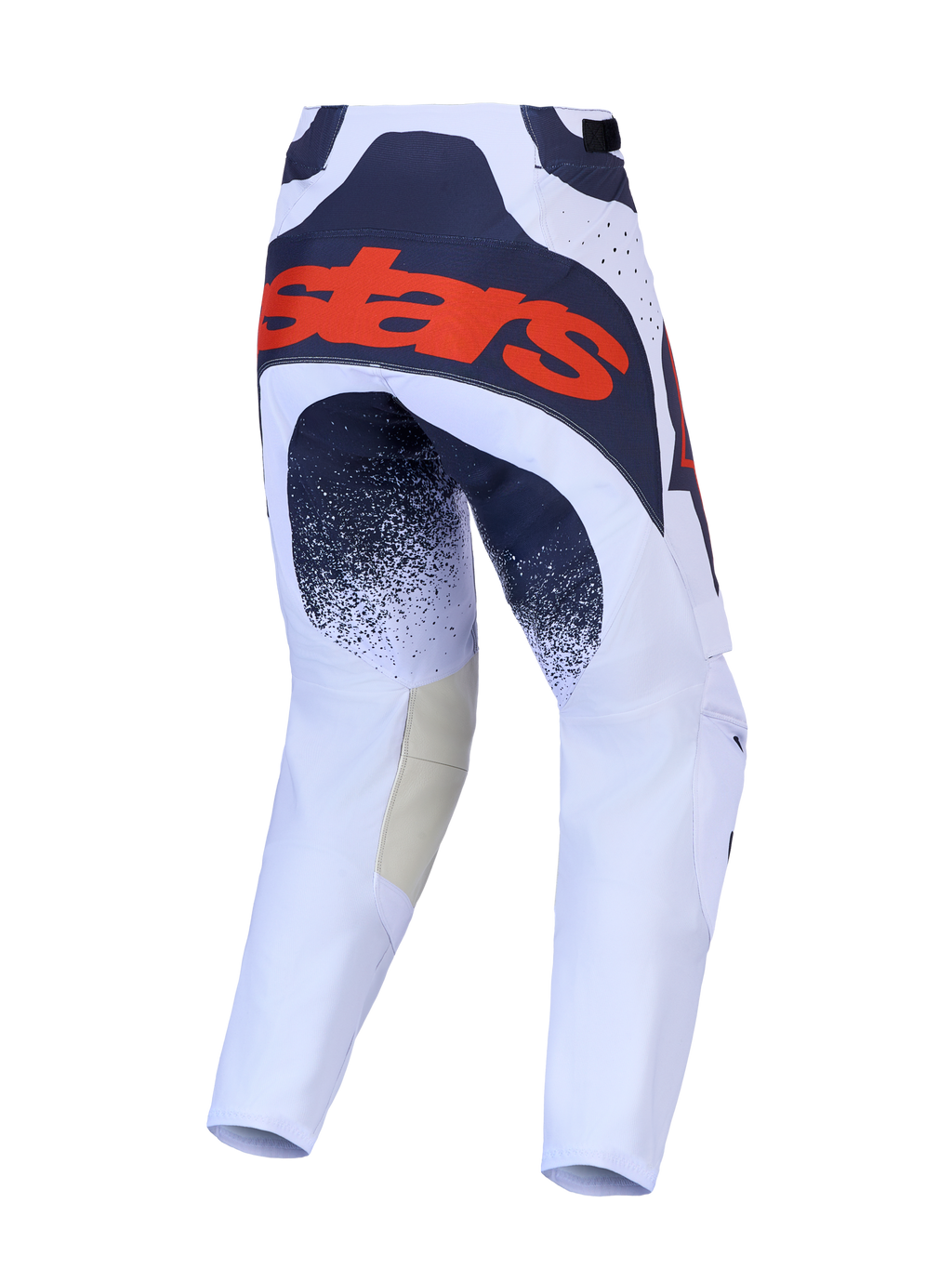 Alpinestars pantaloni Techstar Swan, pantaloni da motocross lilla chiaro e grigi scuri, retro con logo rosso fluo.