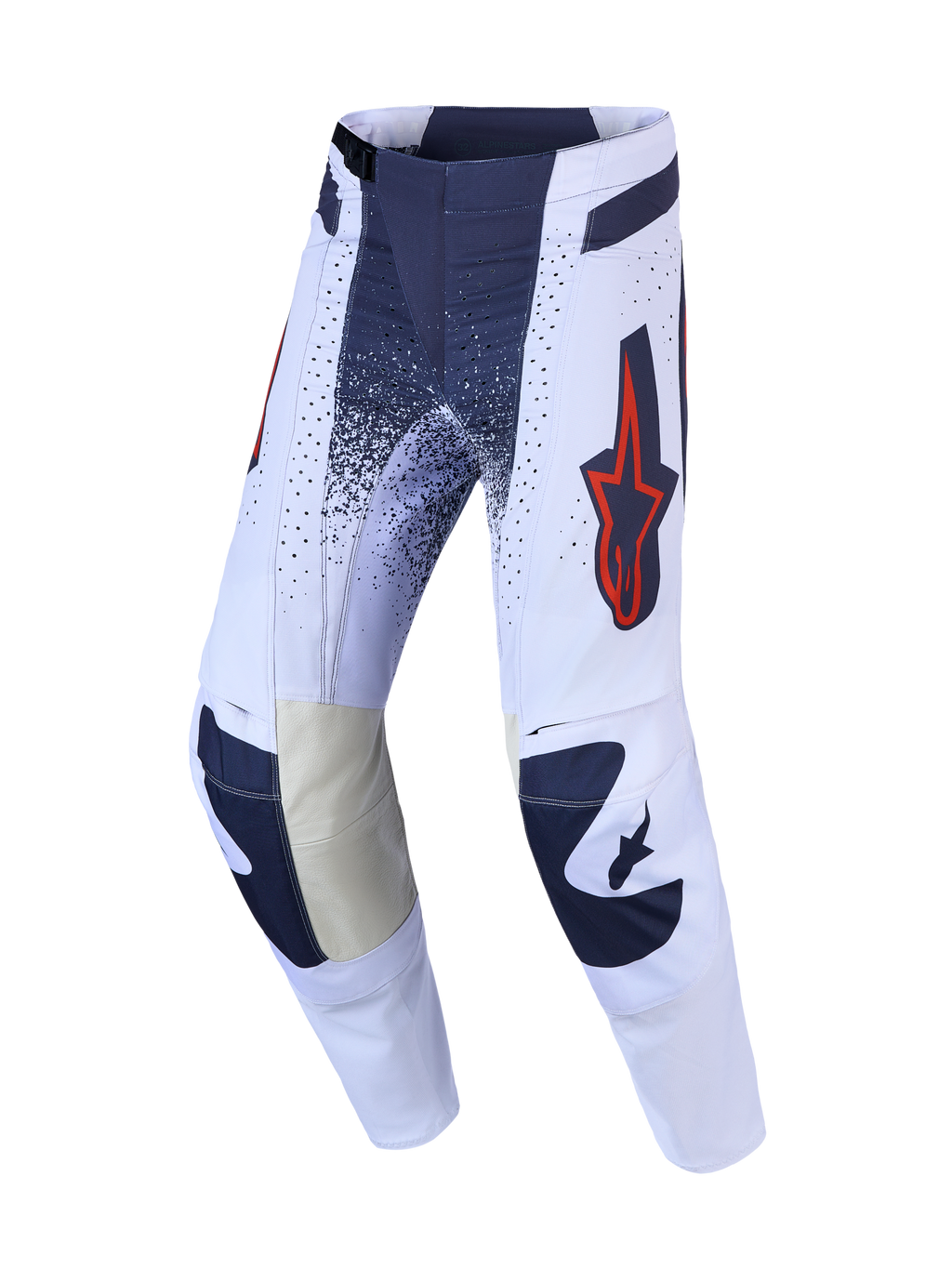 Alpinestars Pantaloni Techstar Swan, pantaloni da motocross da uomo, lilla chiaro e grigio con dettagli rosso fluo e pelle.