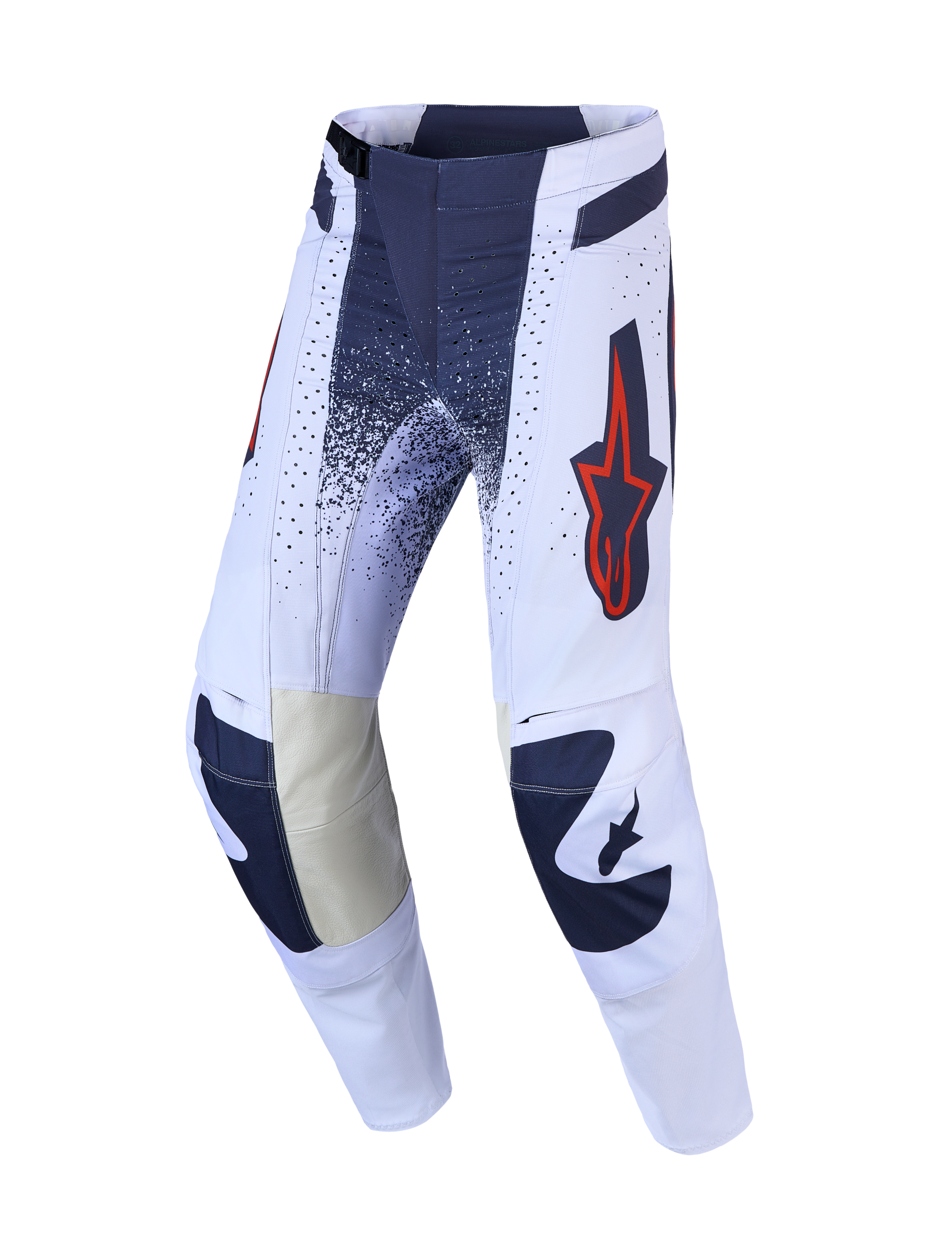Alpinestars Pantaloni Techstar Swan, pantaloni da motocross da uomo, lilla chiaro e grigio con dettagli rosso fluo e pelle.