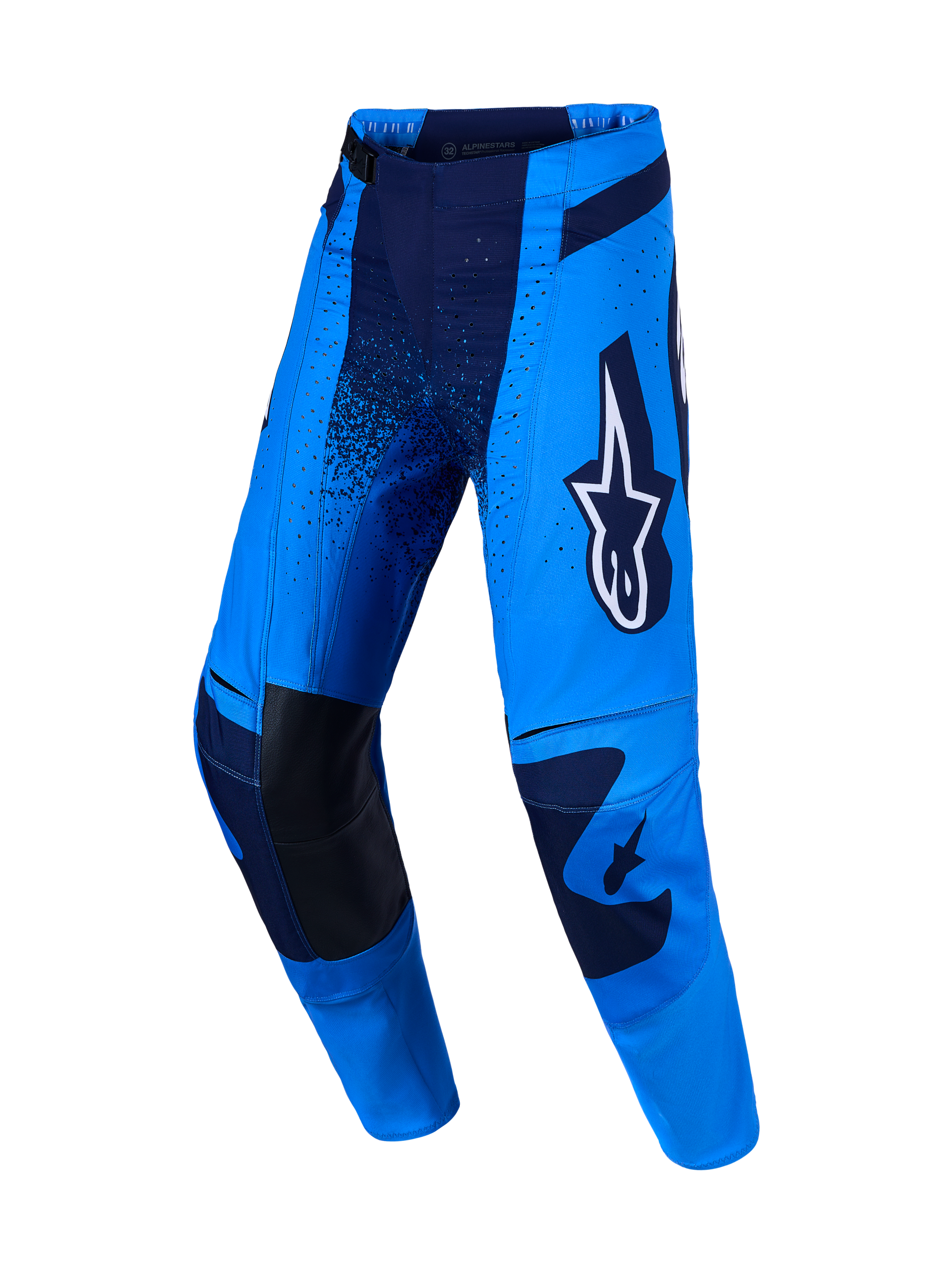 Alpinestars Pantaloni Techstar Swan, pantaloni motocross blu e blu scuro con ginocchia in pelle per gare fuoristrada.