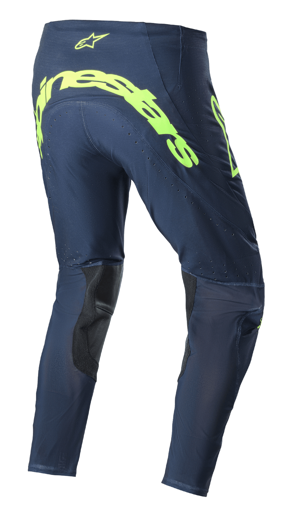 Alpinestars 2023 Supertech Bruin Pants, pantaloni da motocross, Night Navy e Giallo Fluo, vista posteriore con grande logo Alpinestars giallo fluorescente sulla seduta, zone di ventilazione traforate e rinforzi neri all'interno della gamba.