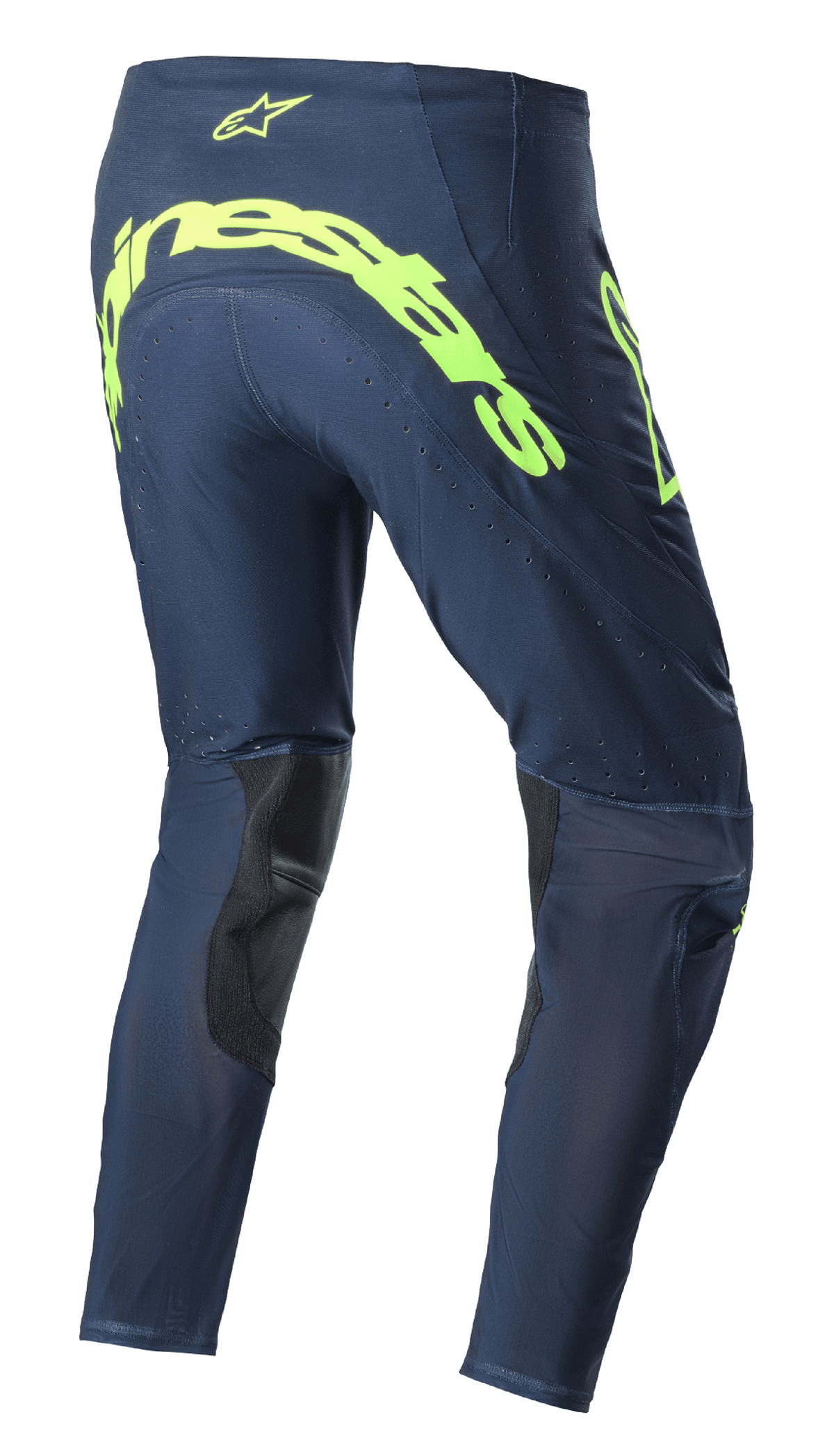 Alpinestars 2023 Supertech Bruin Pants, pantaloni da motocross, Night Navy e Giallo Fluo, vista posteriore con grande logo Alpinestars giallo fluorescente sulla seduta, zone di ventilazione traforate e rinforzi neri all'interno della gamba.