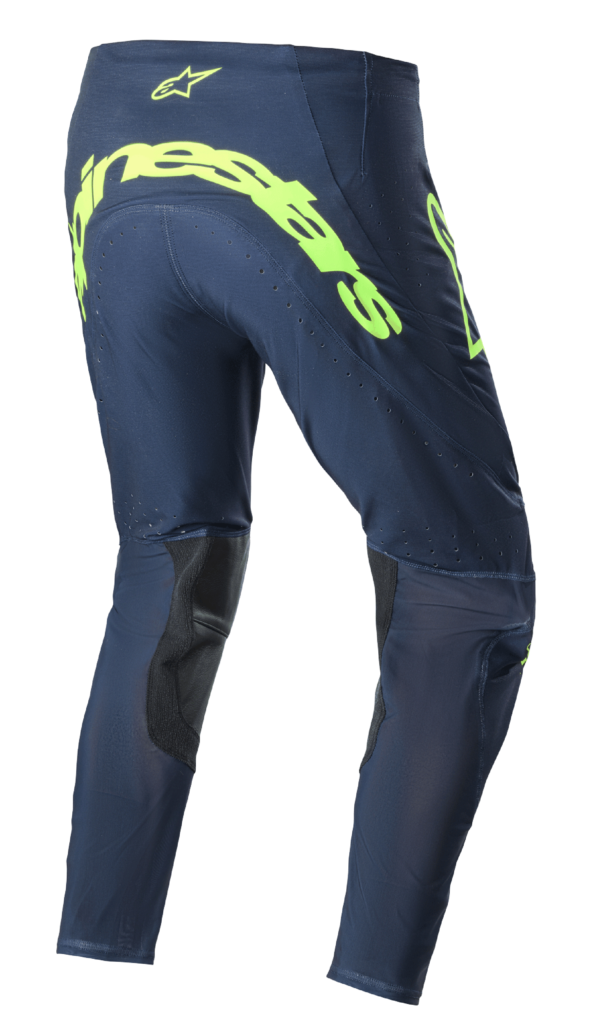 Alpinestars 2023 Supertech Bruin Pants, pantaloni da motocross, Night Navy e Giallo Fluo, vista posteriore con grande logo Alpinestars giallo fluorescente sulla seduta, zone di ventilazione traforate e rinforzi neri all'interno della gamba.
