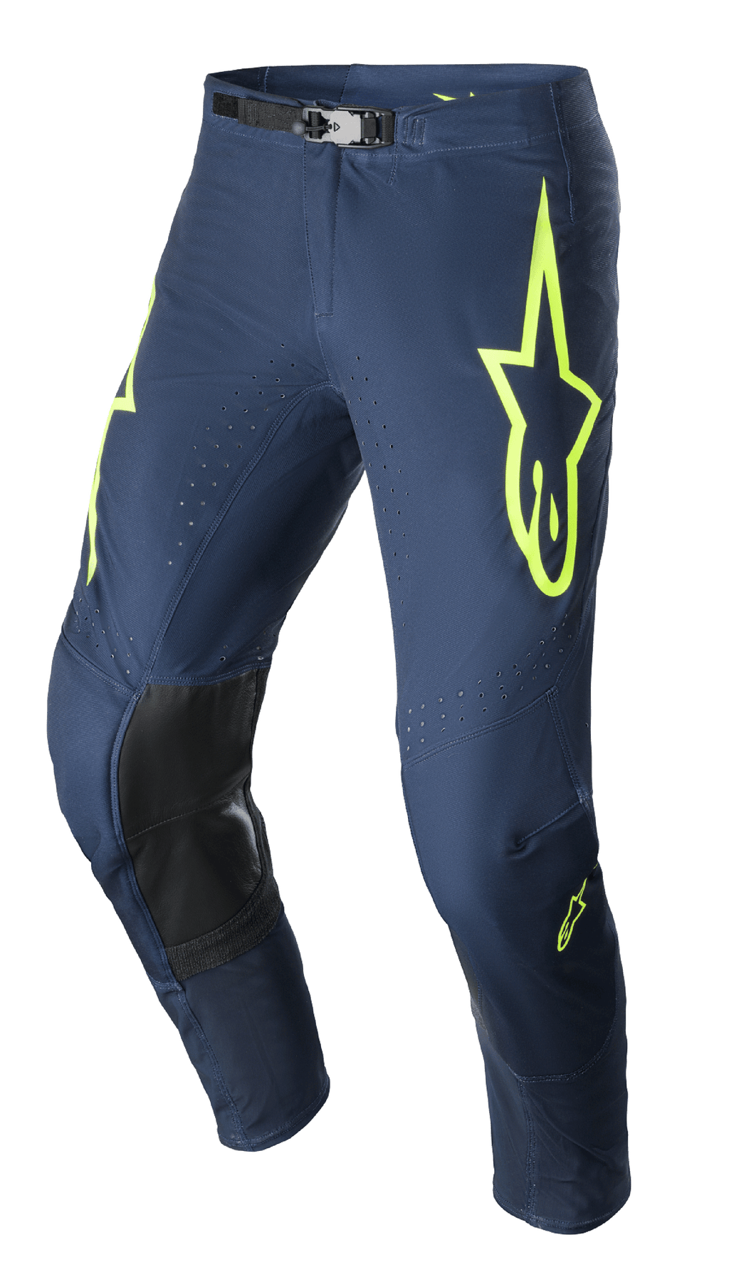 Alpinestars 2023 Supertech Bruin Pants, pantaloni da motocross, blu notte e giallo fluo, con pannelli rinforzati sulle ginocchia neri, ventilazione traforata e fibbia magnetica regolabile, design da gara resistente