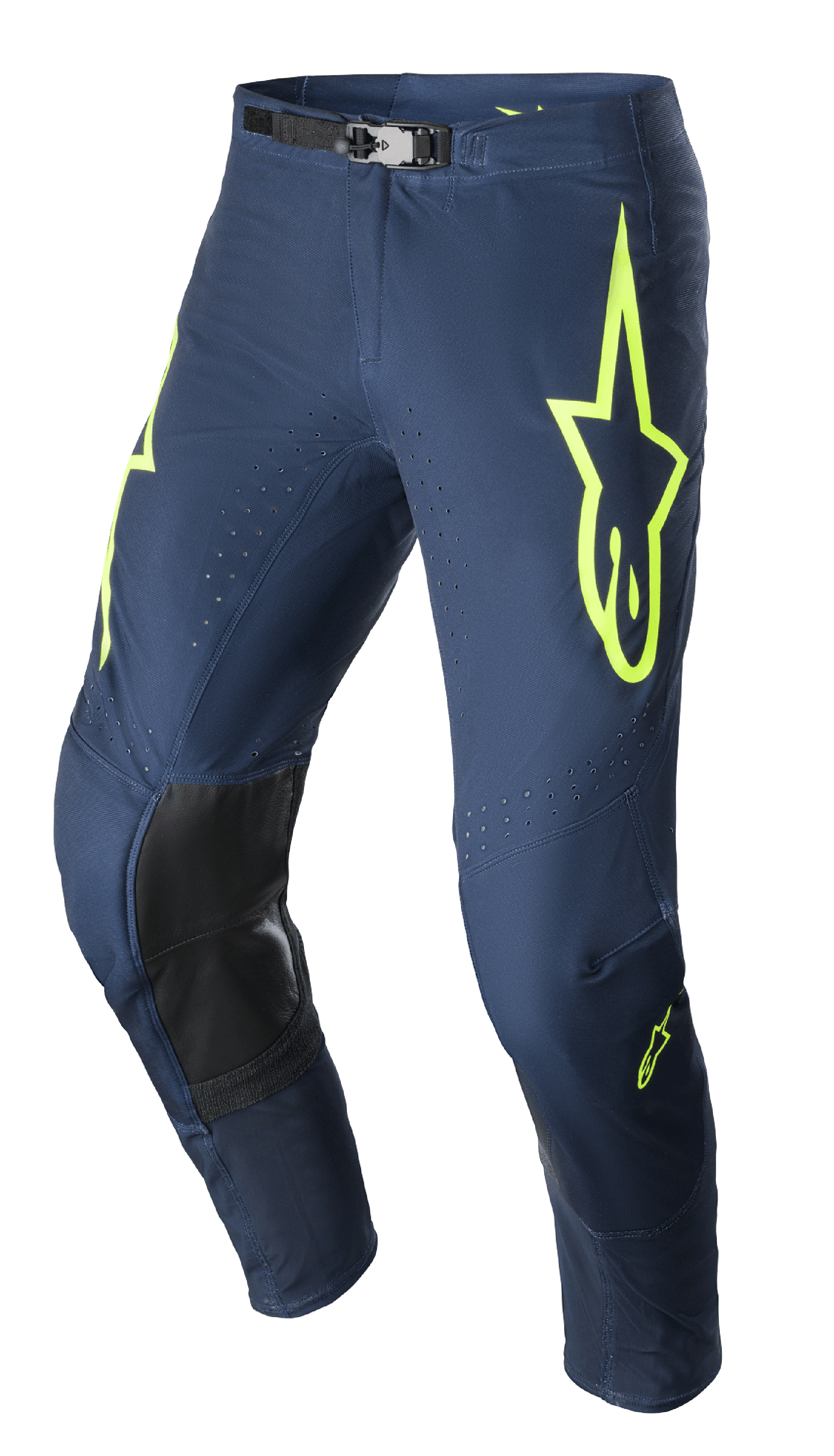 Alpinestars 2023 Supertech Bruin Pants, pantaloni da motocross, blu notte e giallo fluo, con pannelli rinforzati sulle ginocchia neri, ventilazione traforata e fibbia magnetica regolabile, design da gara resistente