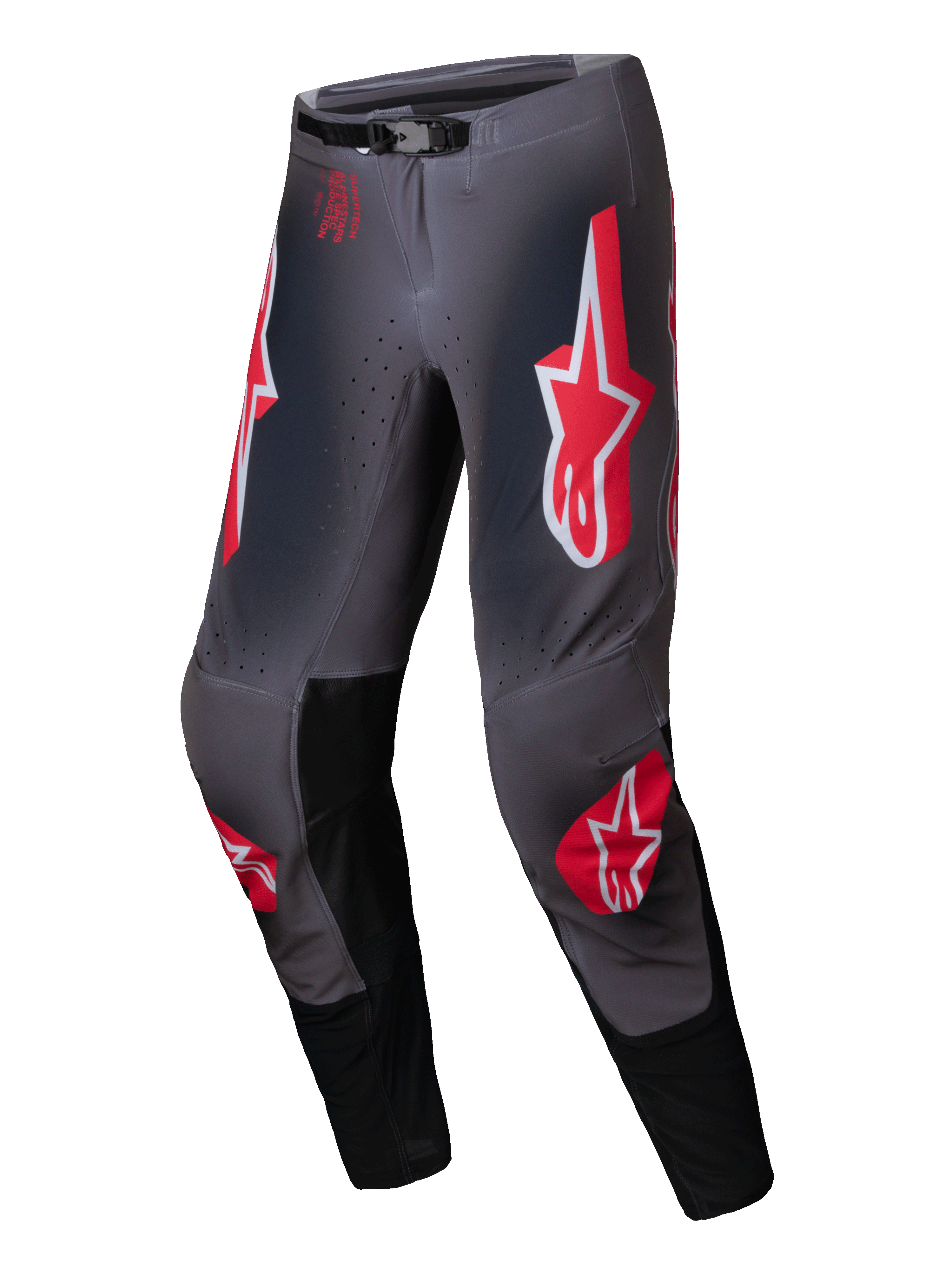 Alpinestars Pantaloni Supertech Lipan 2025, pantaloni motocross off-road, grigio fumo e rosso brillante, con fibbia magnetica auto-bloccante SX1
