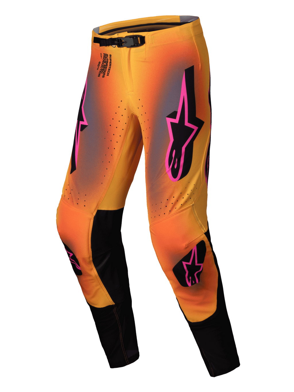 Alpinestars Pantaloni Supertech Lipan 2025, pantaloni motocross off-road da uomo, giallo e rosa con dettagli neri, fibbia magnetica e inserti in pelle sul ginocchio