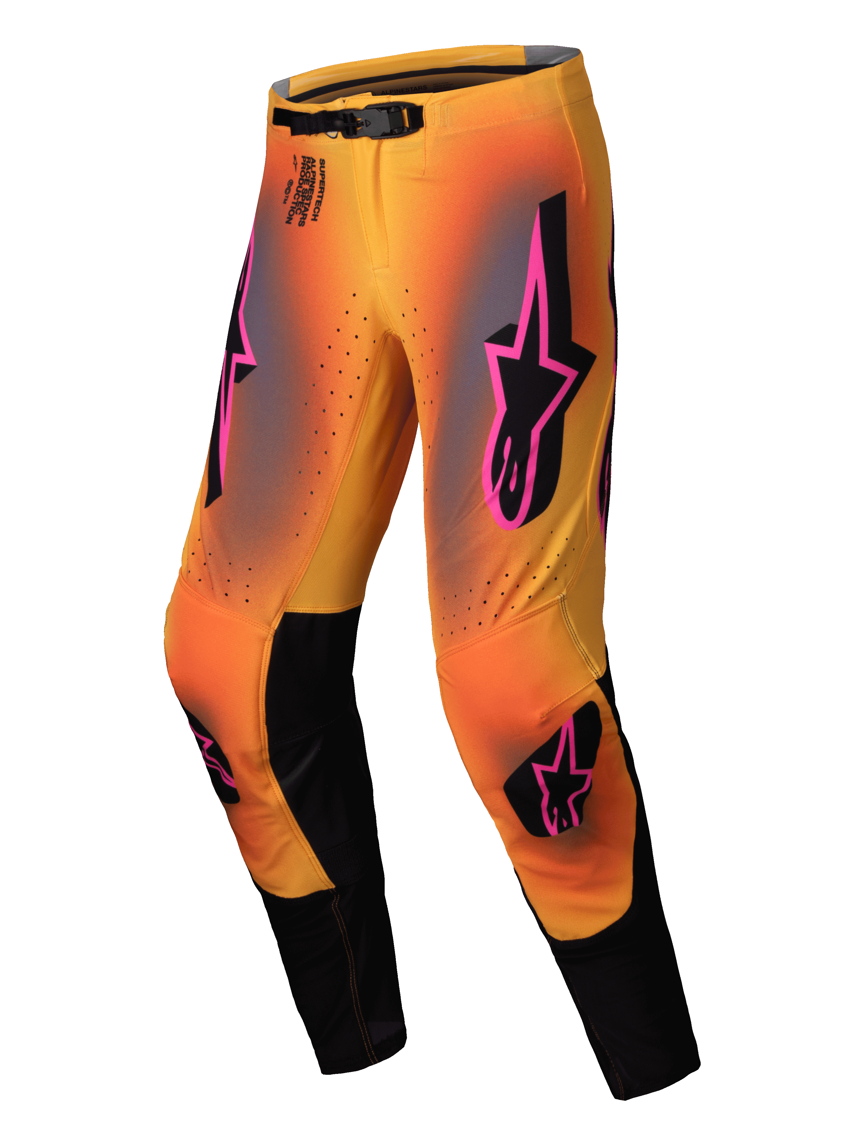 Alpinestars Pantaloni Supertech Lipan 2025, pantaloni motocross off-road da uomo, giallo e rosa con dettagli neri, fibbia magnetica e inserti in pelle sul ginocchio