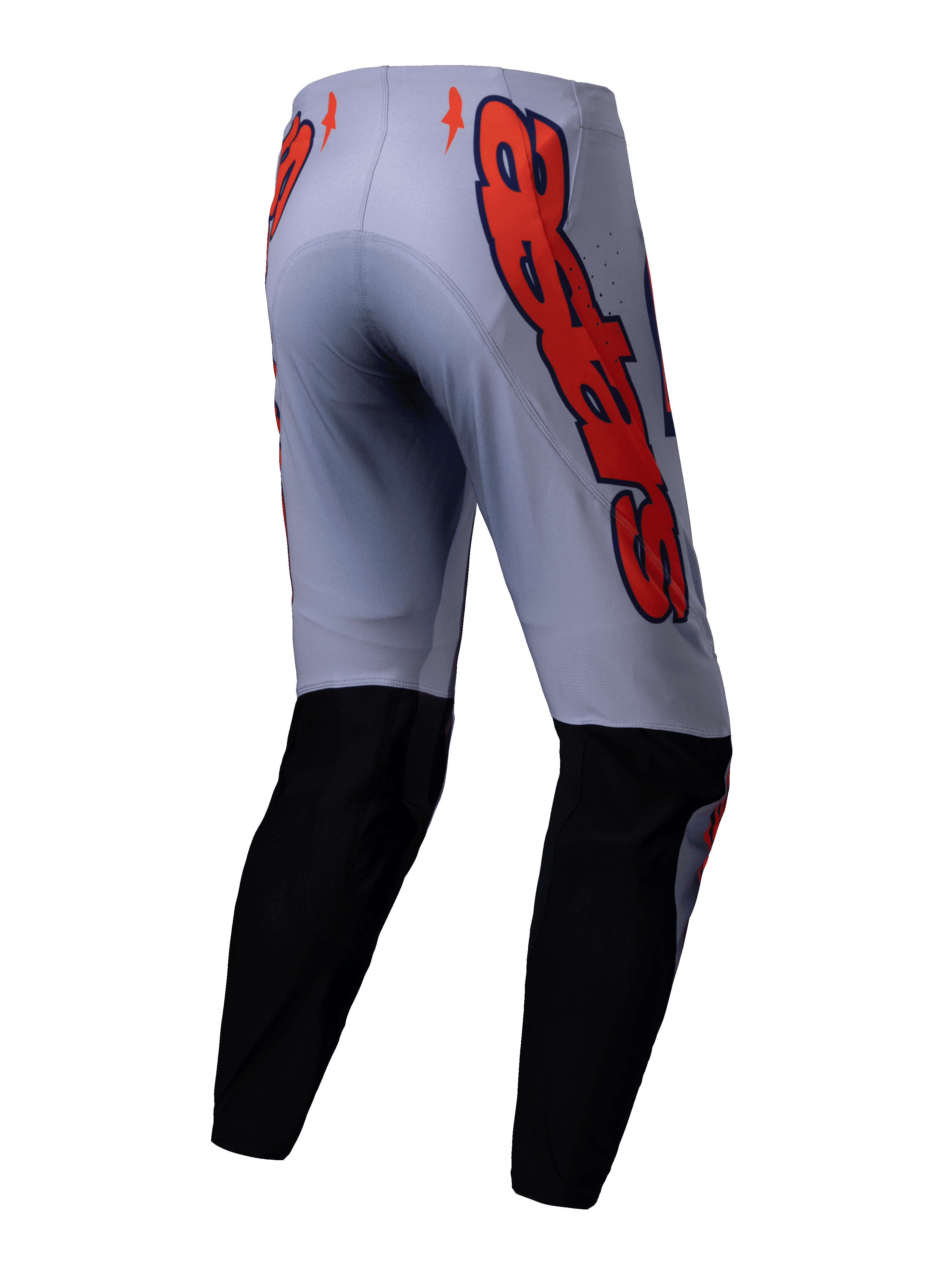 Alpinestars Pantaloni Supertech Lipan 2025, pantaloni da motocross, grigio e arancione fluo, vista posteriore con pannelli neri sulla parte inferiore della gamba e grandi grafiche del logo Alpinestars arancioni sui fianchi, vestibilità atletica per gare fuoristrada