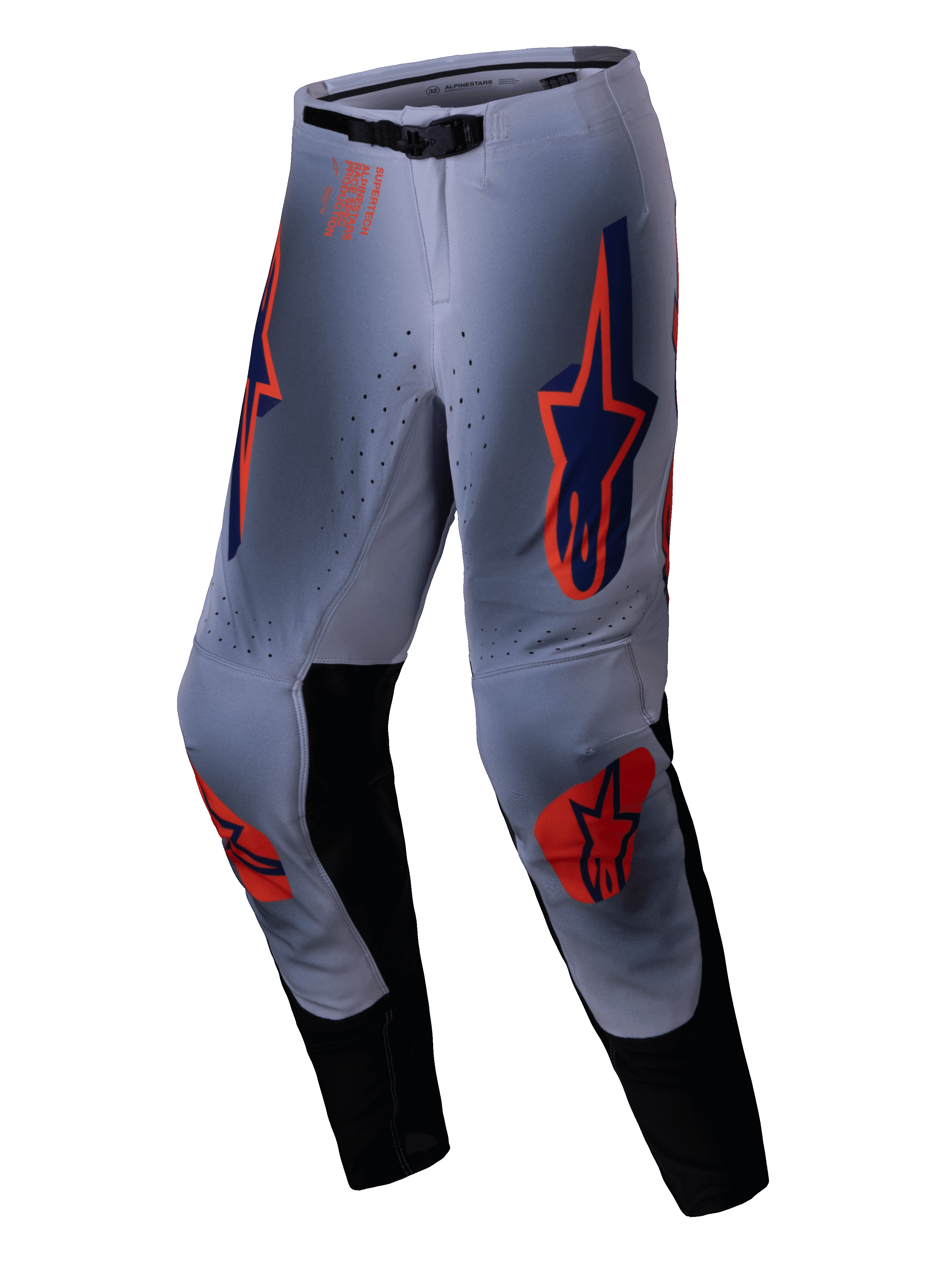 Alpinestars pantaloni Supertech Lipan 2025, pantaloni da motocross, grigio e arancione fluo, caratterizzati da vivaci loghi a stella arancioni e blu navy su cosce e ginocchia, pannelli interni neri e cintura regolabile, progettati per prestazioni off-road di livello professionale