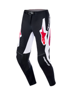 Alpinestars Pantaloni Supertech AFD Vista 2026, pantaloni da motocross, nero, rosso e bianco, con ampi pannelli grafici bianchi e loghi a stella rossi, pannelli interni alle ginocchia in pelle nera, perforazioni tagliate al laser per il flusso d'aria e logo bianco, abbigliamento professionale per gare off-road