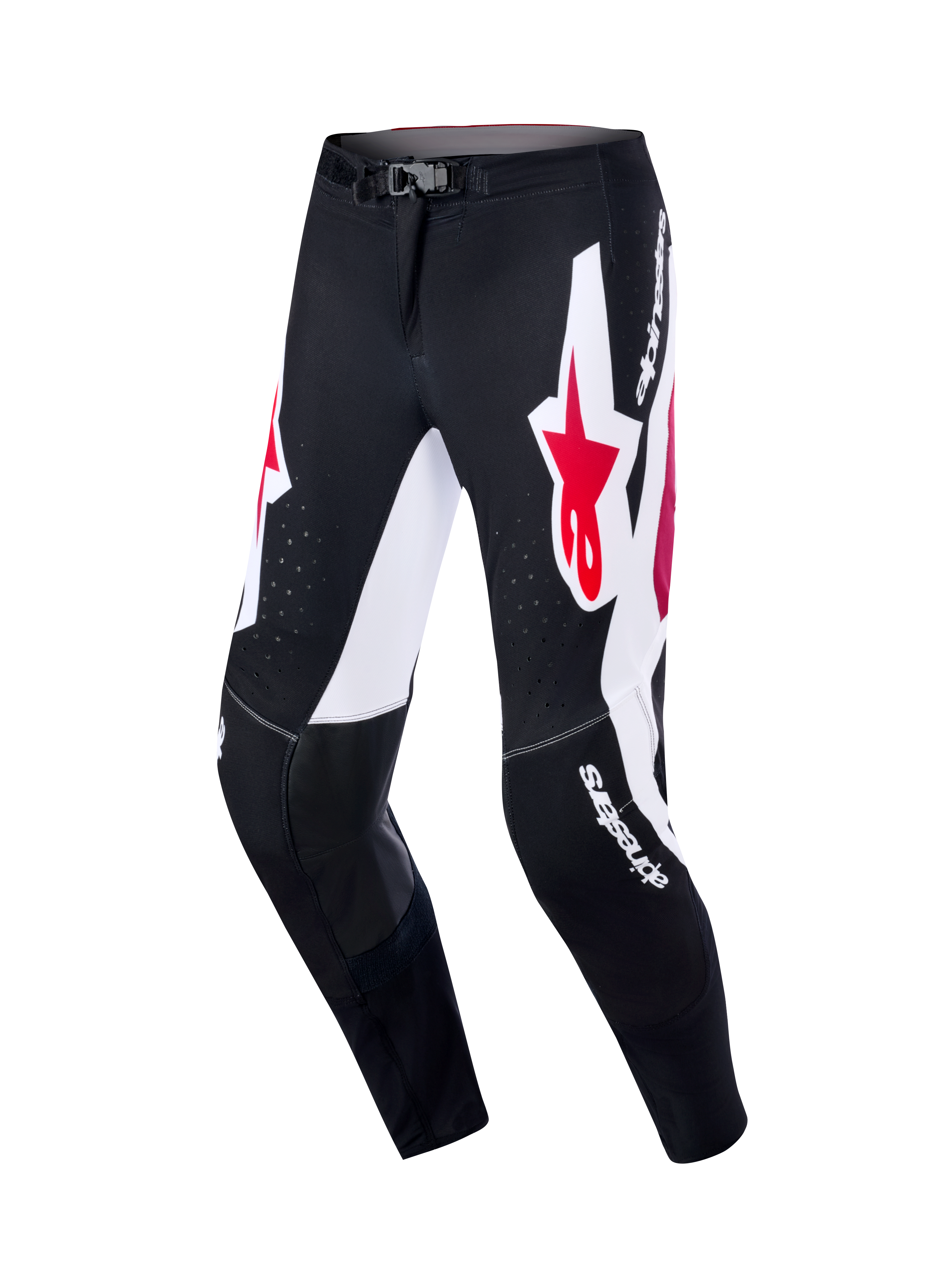 Alpinestars Pantaloni Supertech AFD Vista 2026, pantaloni da motocross, nero, rosso e bianco, con ampi pannelli grafici bianchi e loghi a stella rossi, pannelli interni alle ginocchia in pelle nera, perforazioni tagliate al laser per il flusso d'aria e logo bianco, abbigliamento professionale per gare off-road
