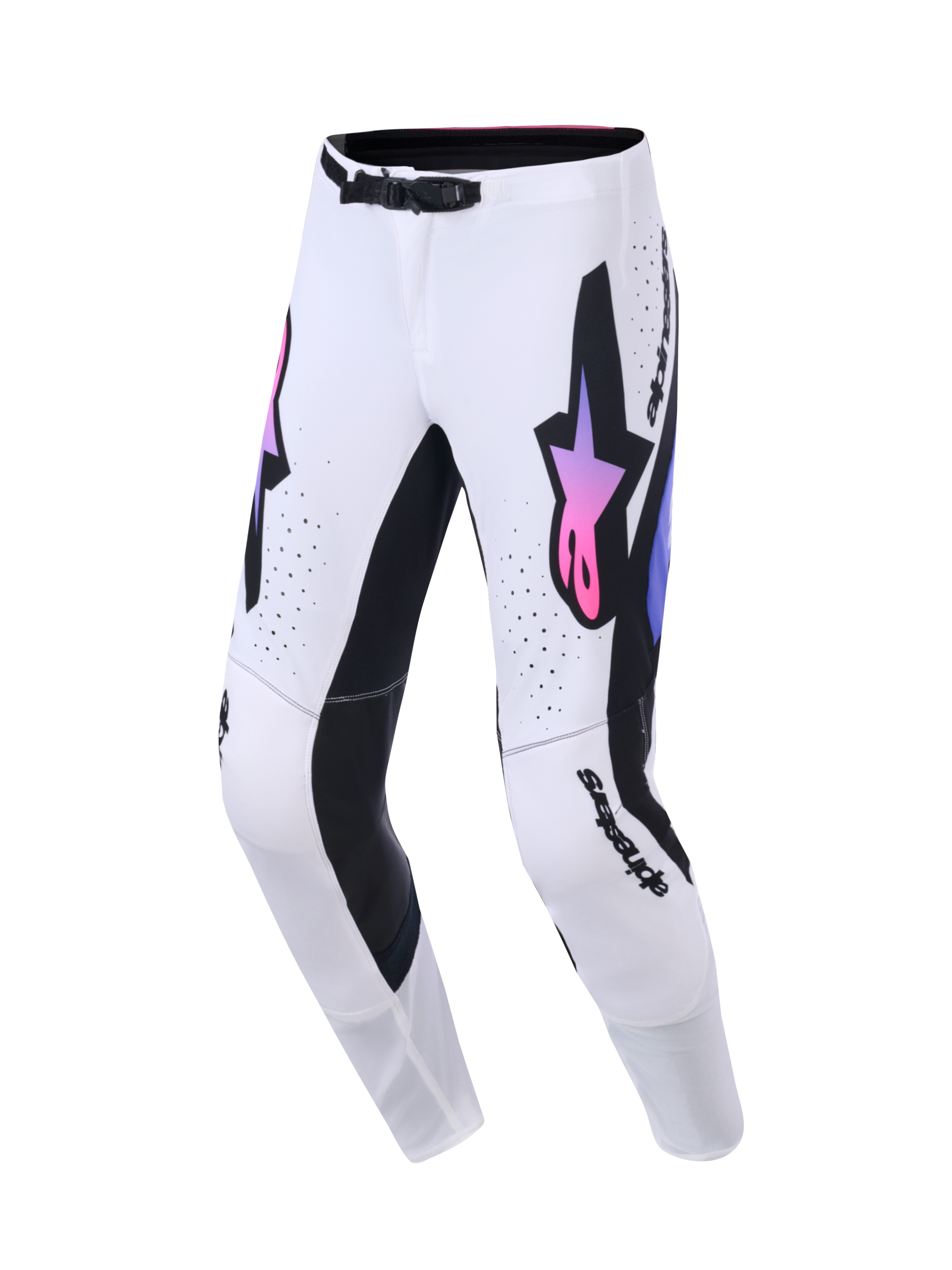 Pantaloni Alpinestars Supertech AFD Vista 2026, pantaloni da motocross, bianco con accenti sfumati in nero e rosa-viola, con loghi a stella prominenti sulle cosce, traforature al laser e vestibilità atletica per corse fuoristrada di livello professionale