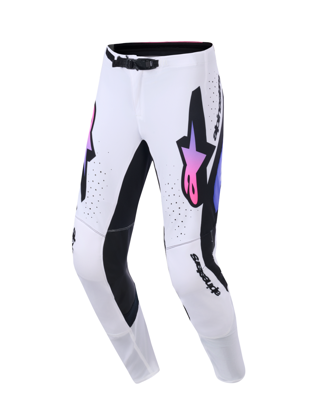 Alpinestars 2026 Supertech AFD Vista Pants, pantaloni da motocross, bianco, viola e nero, con grande logo Astars nero e sfumatura rosa e viola, pannelli interni delle gambe neri e fibbia magnetica SX1, progettati per prestazioni racing fuoristrada