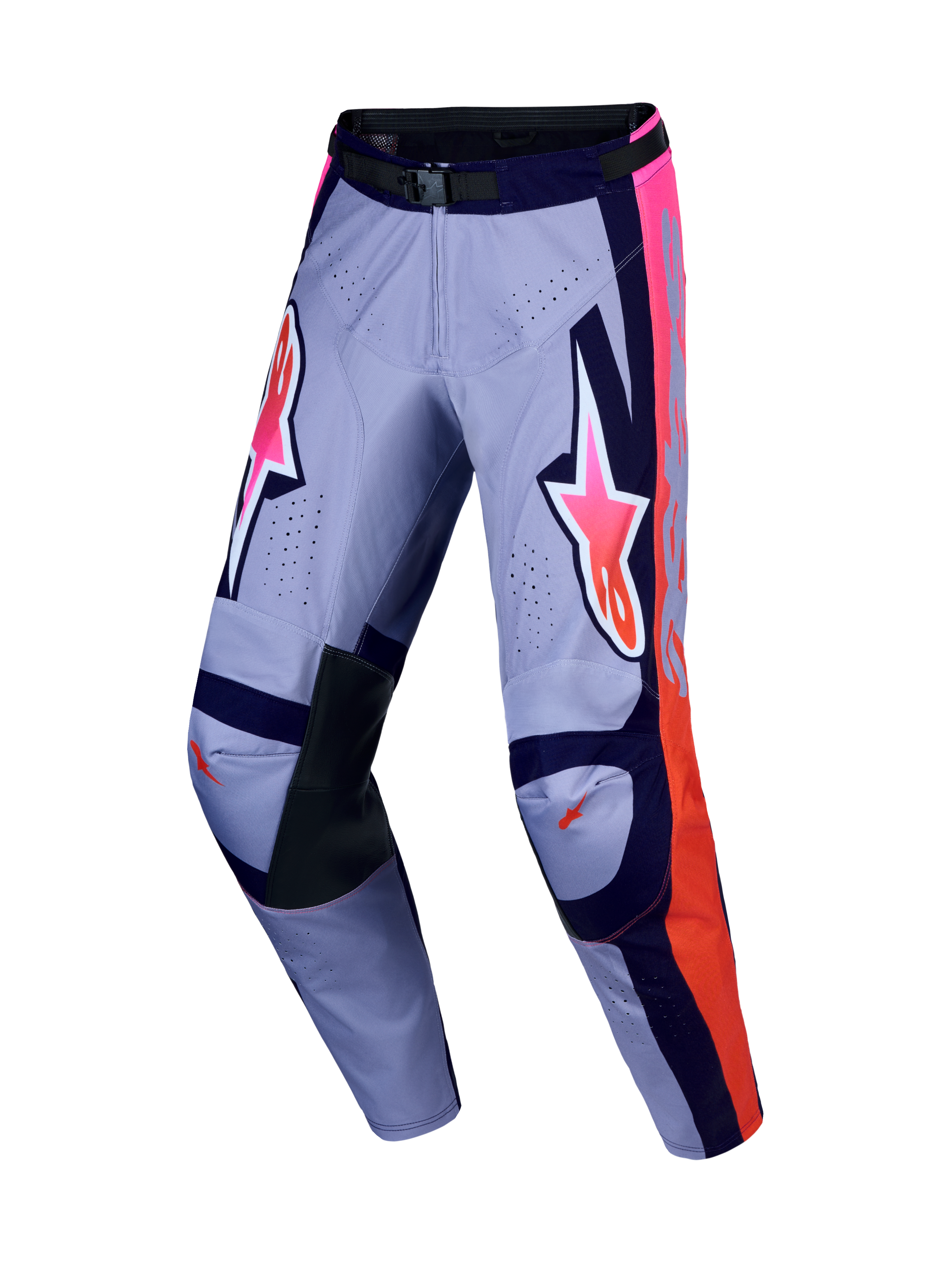 Alpinestars Pantaloni Racer Air Hunt, pantaloni da motocross uomo, viola e rosa fluo, tessuto ventilato e ginocchia in pelle.