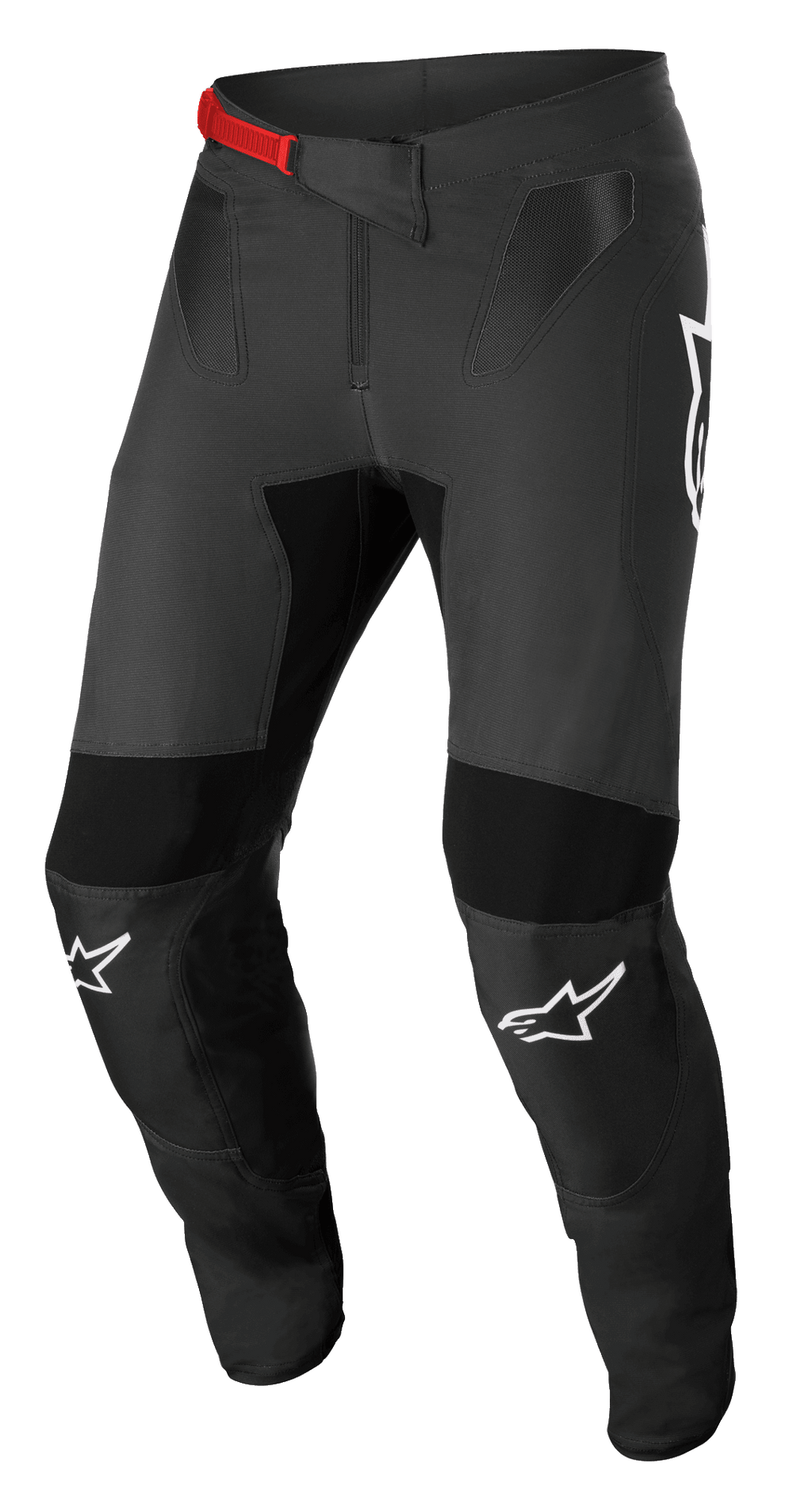Alpinestars Supertech Foster Pants, pantaloni da motocross, nero e grigio, con fibbia rossa in vita, loghi bianchi sulle ginocchia, protezioni rinforzate su ginocchia e cosce, pannelli in rete ventilata e design aderente per una guida attiva
