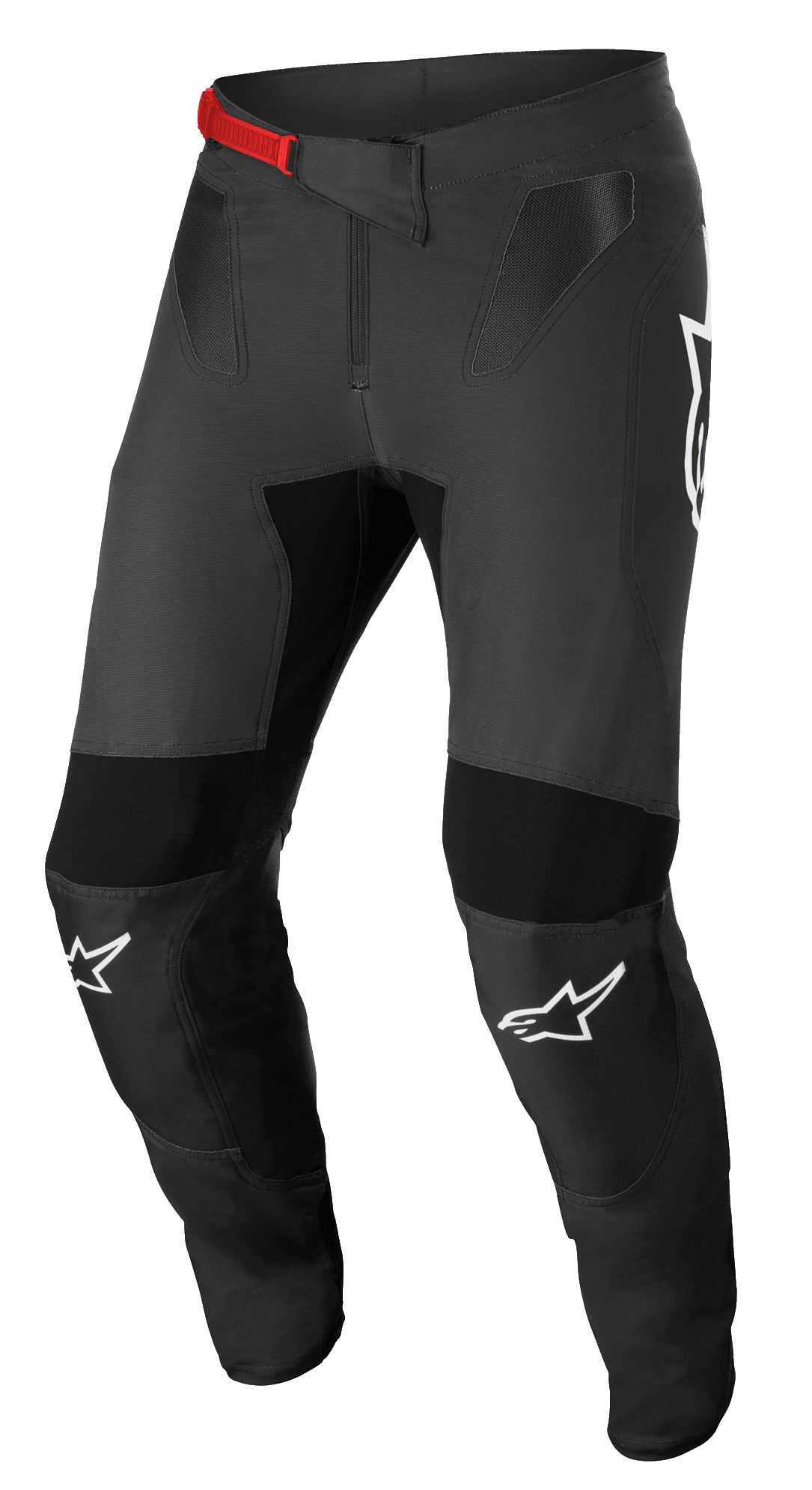 Alpinestars Supertech Foster Pants, pantaloni da motocross, nero e grigio, con fibbia rossa in vita, loghi bianchi sulle ginocchia, protezioni rinforzate su ginocchia e cosce, pannelli in rete ventilata e design aderente per una guida attiva