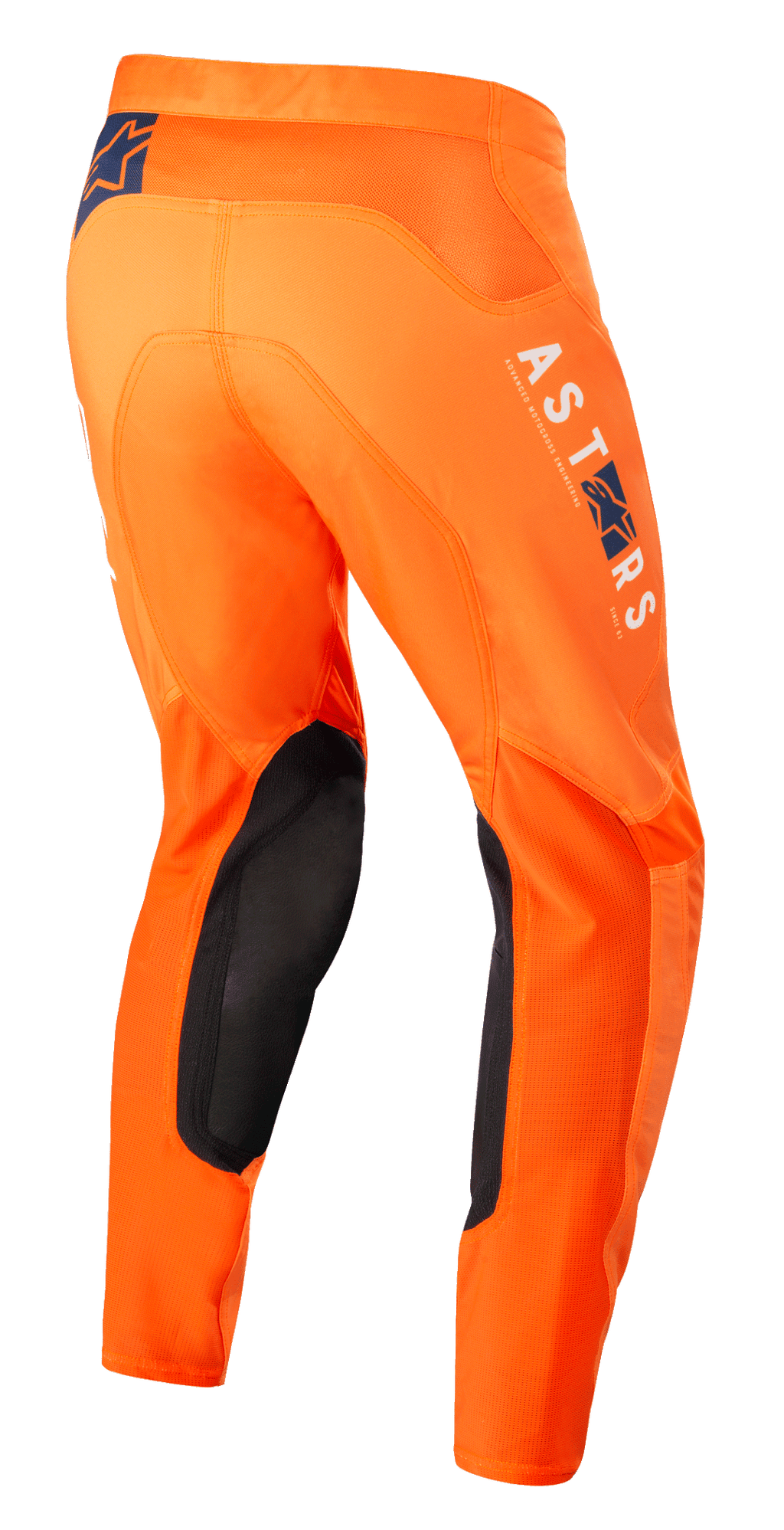 Alpinestars Supertech Foster Pants, pantaloni da motocross, arancione, con pannelli interni neri sulle ginocchia, branding ASTARS bianco e blu sulla gamba, costruzione rip-stop elasticizzata avanzata, vista laterale posteriore