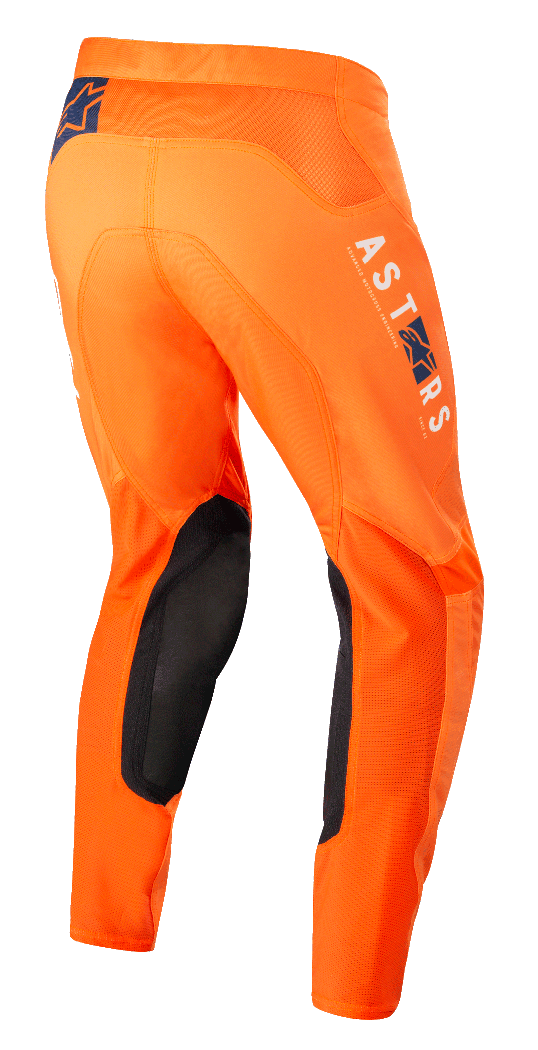 Alpinestars Supertech Foster Pants, pantaloni da motocross, arancione, con pannelli interni neri sulle ginocchia, branding ASTARS bianco e blu sulla gamba, costruzione rip-stop elasticizzata avanzata, vista laterale posteriore