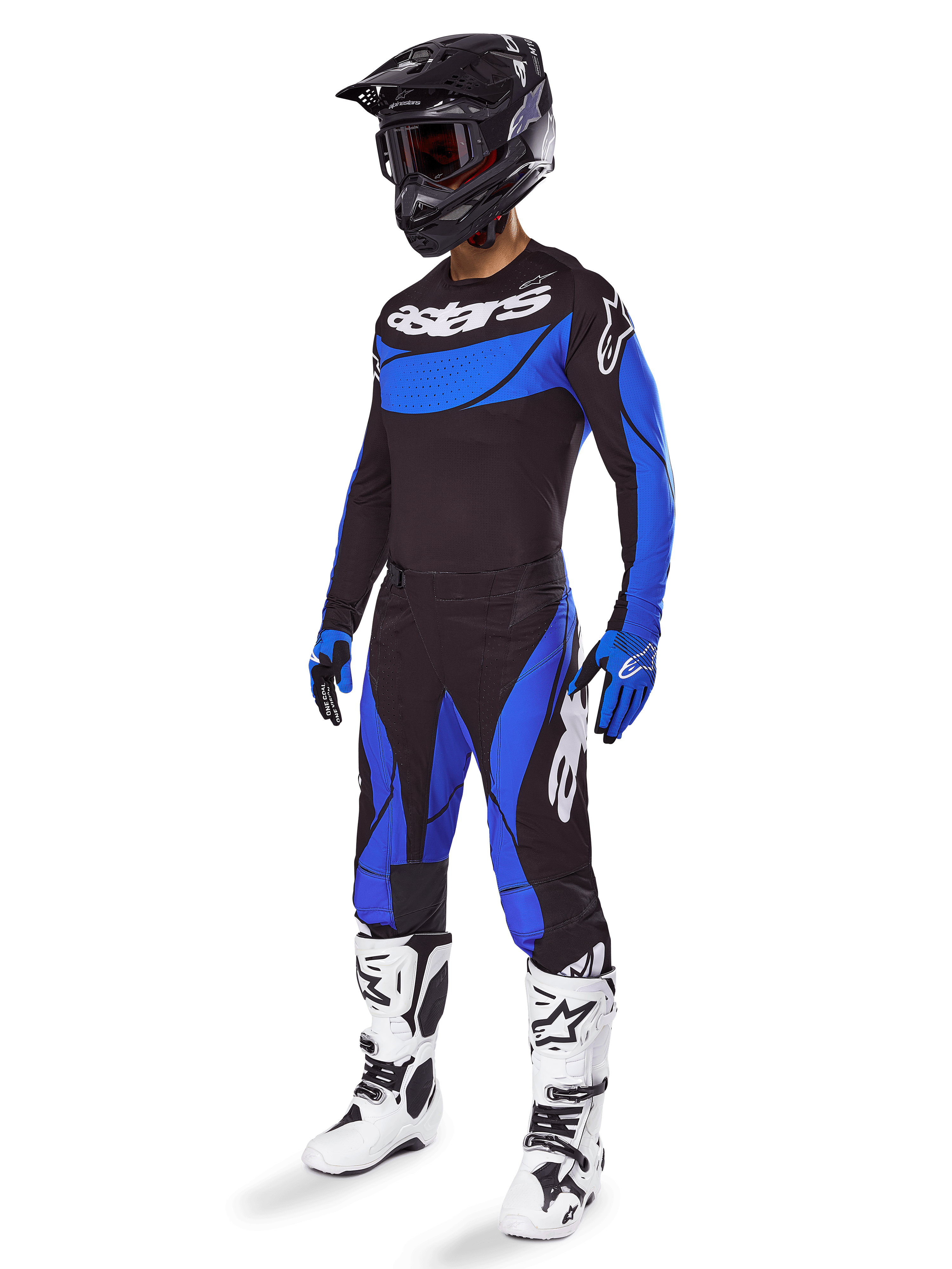 Alpinestars Set Gear Techstar Dreem 2025, abbigliamento da motocross nero e blu, inclusi maglia e pantaloni con loghi bianchi, abbinato a casco nero, guanti blu e neri e stivali bianchi e neri, outfit da gara coordinato per prestazioni fuoristrada.