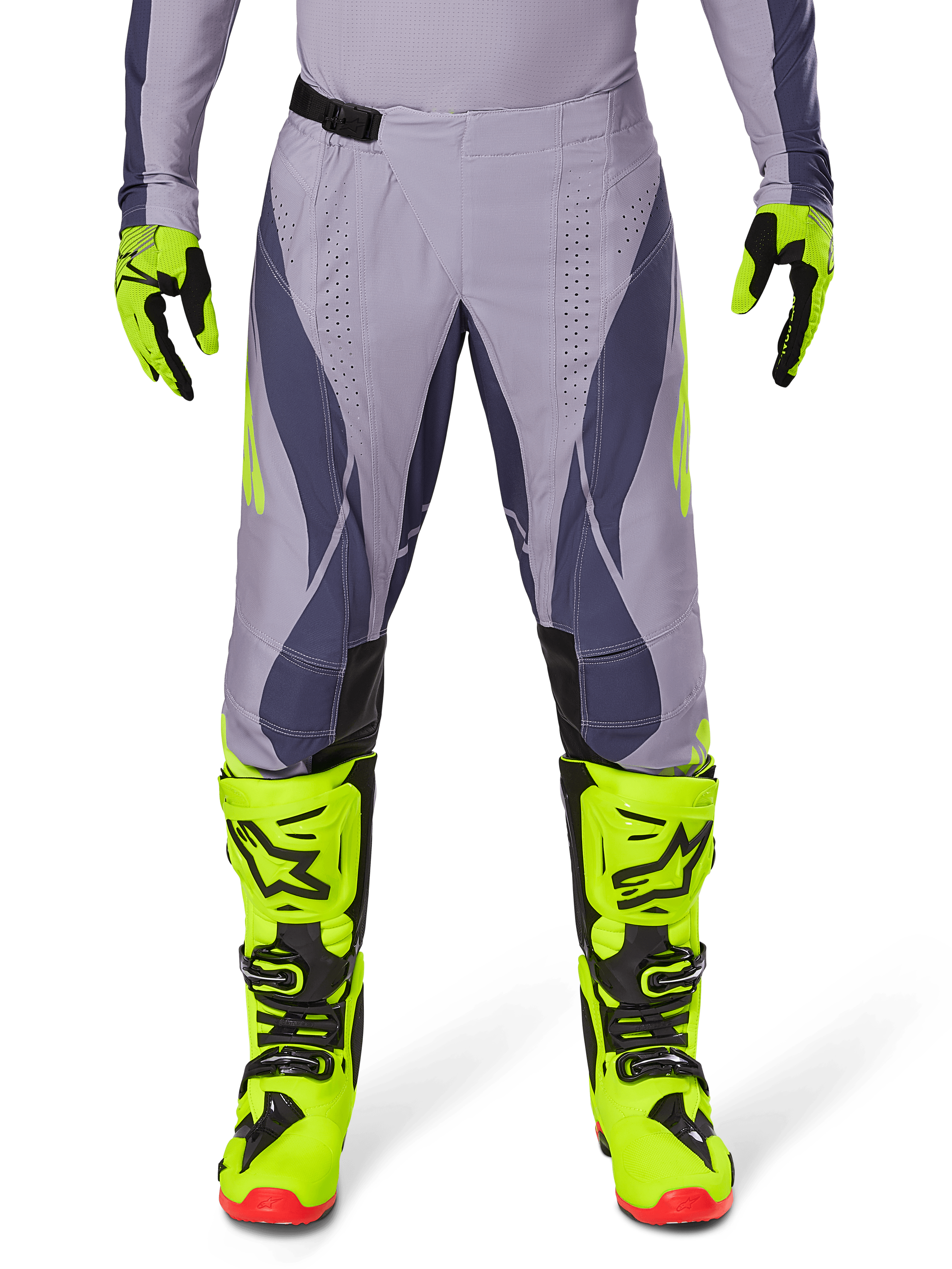 Alpinestars Techstar Dreem Pants 2025, pantaloni da motocross, grigio chiaro e grigio scuro con dettagli giallo neon, abbinati a stivali e guanti giallo neon, ventilazione tagliata al laser, fibbie nere, suole degli stivali rosse, abbigliamento professionale da motocross