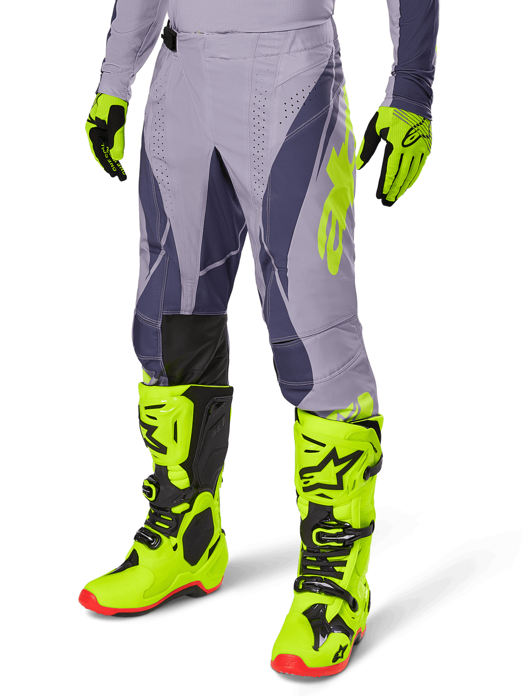 Alpinestars 2025 Techstar Dreem Gear Set, pantaloni e maglia da motocross, grigio con accenti viola scuro e giallo neon, indossato con stivali e guanti giallo neon coordinati, vestibilità racing professionale per motocross off-road