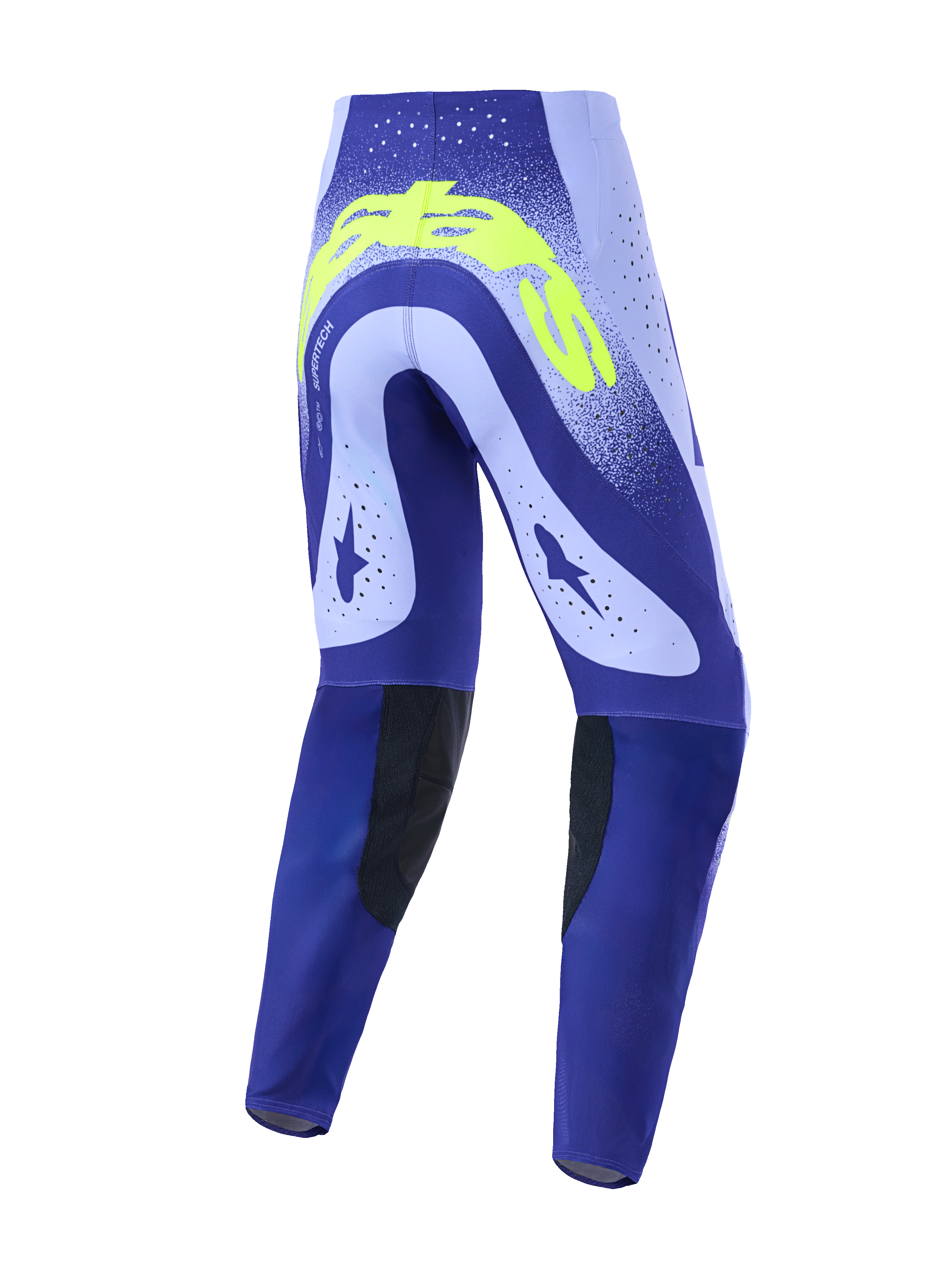 Alpinestars Pantaloni Supertech Scenz 2026, pantaloni da motocross, viola e giallo neon, vista posteriore che mostra il design tecnico con traforature al laser, branding giallo neon sul retro e pannelli interni alle ginocchia neri resistenti
