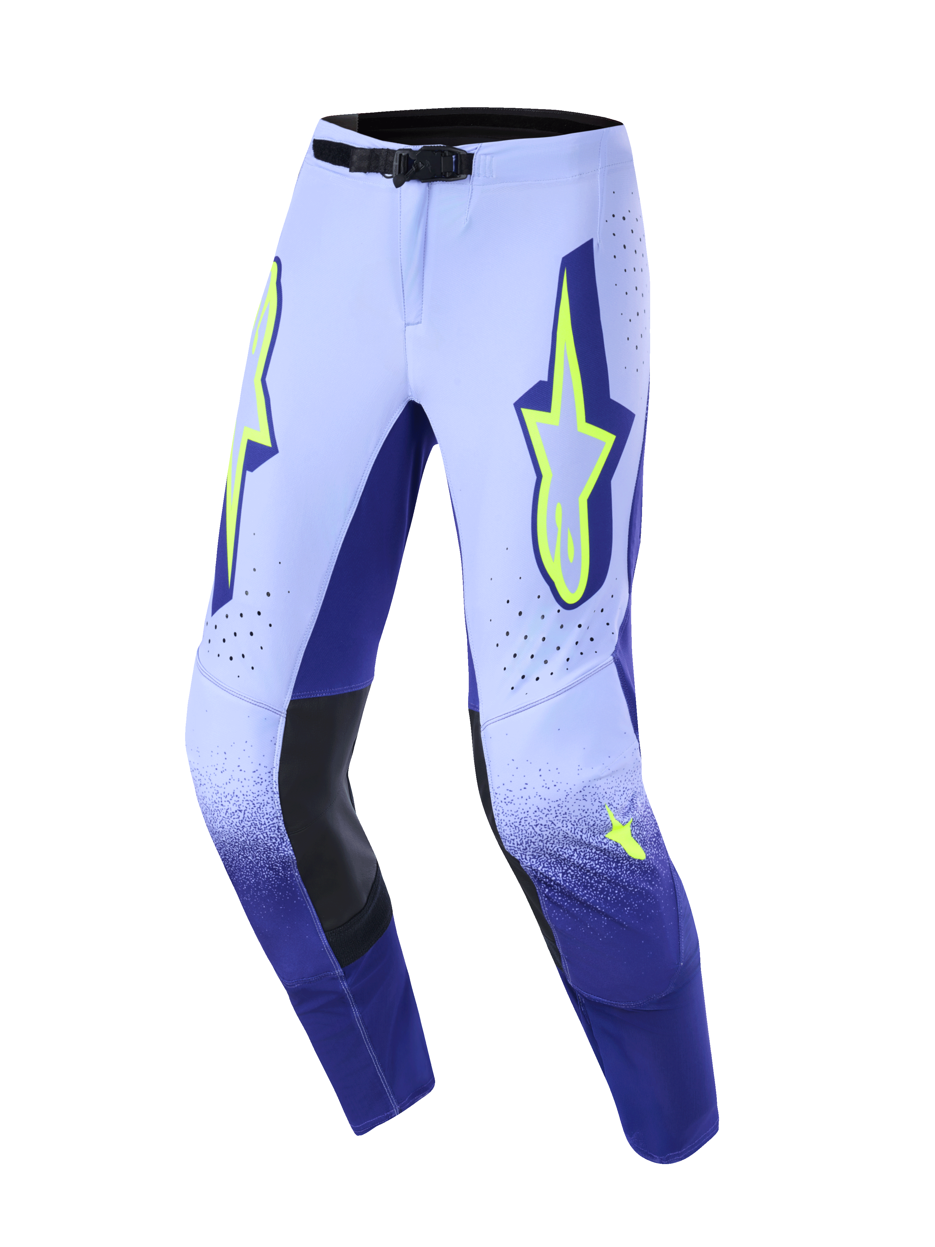 Alpinestars 2026 Supertech Scenz Pants, pantaloni da motocross, viola e giallo fluo, caratterizzati da una sfumatura da lavanda a blu navy, loghi a stella Alpinestars giallo neon sulle cosce, inserti interni alle ginocchia in pelle nera e una fibbia nera sicura in vita.