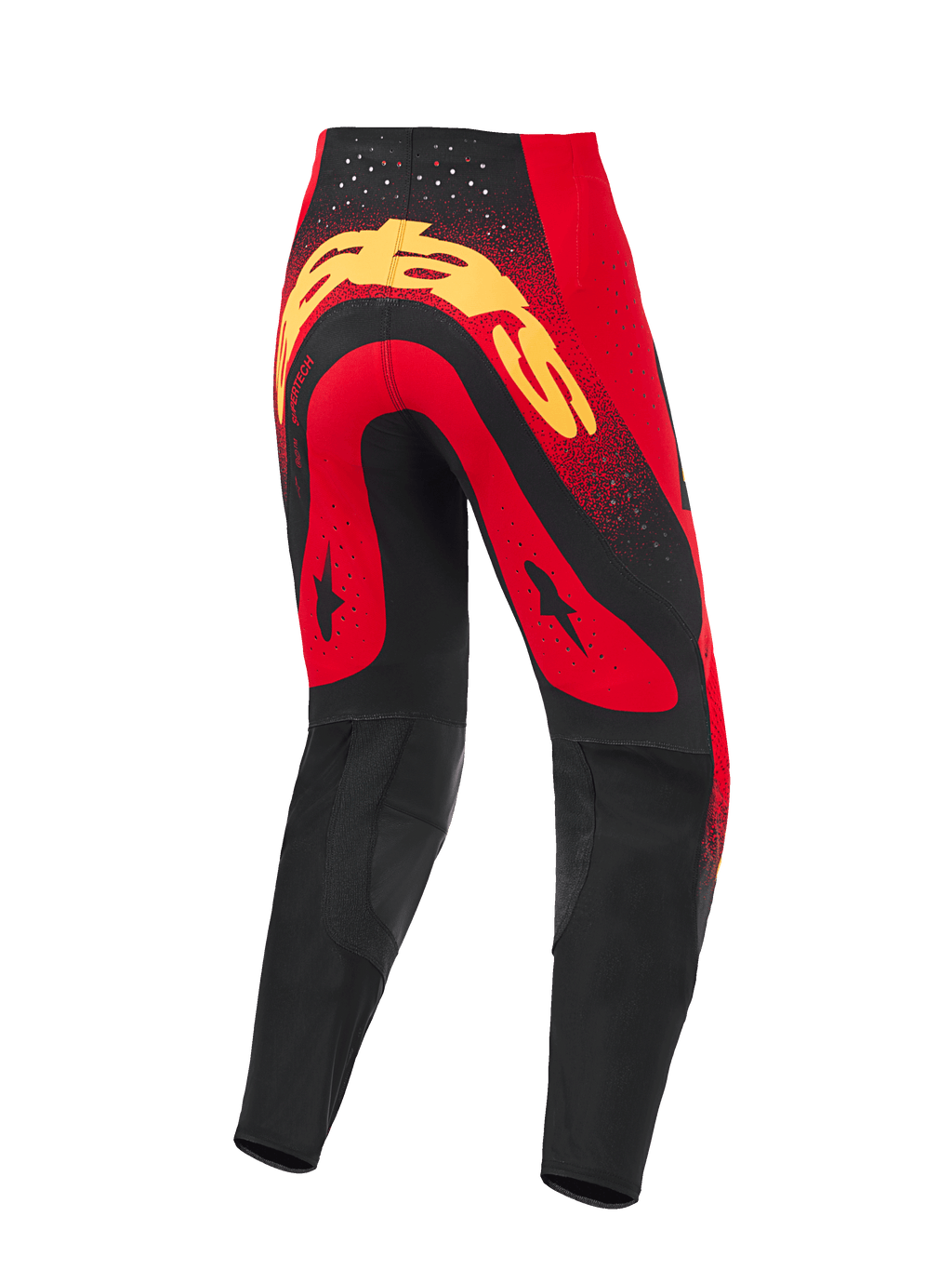 Alpinestars 2026 Supertech Scenz Pants, pantaloni da motocross, rosso, nero e giallo, vista posteriore con un grande logo giallo sulla seduta, pannelli rossi con grafiche a stella nere, perforazioni laser in vita e pannelli neri rinforzati sulla parte inferiore della gamba
