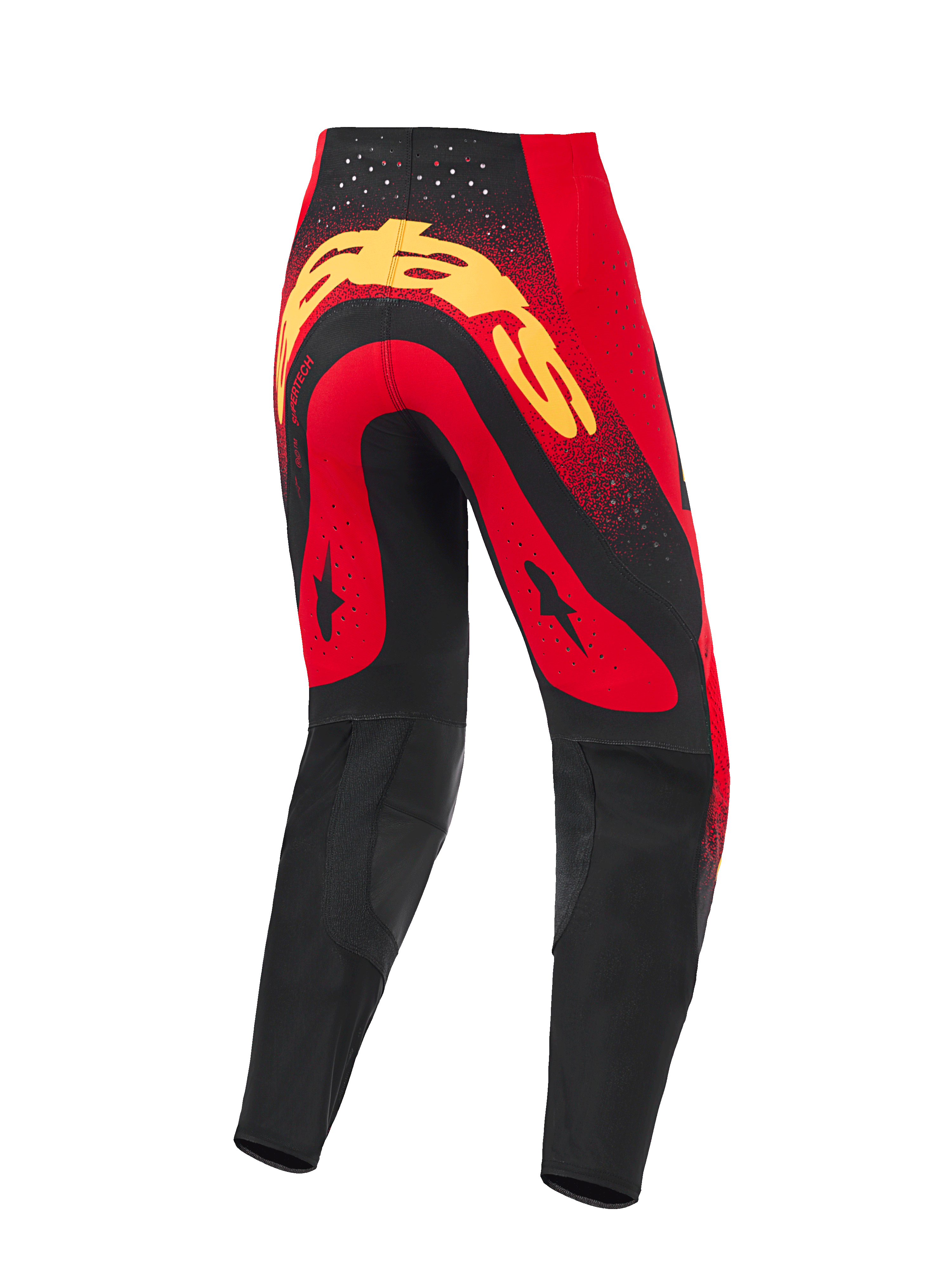Alpinestars 2026 Supertech Scenz Pants, pantaloni da motocross, rosso, nero e giallo, vista posteriore con un grande logo giallo sulla seduta, pannelli rossi con grafiche a stella nere, perforazioni laser in vita e pannelli neri rinforzati sulla parte inferiore della gamba