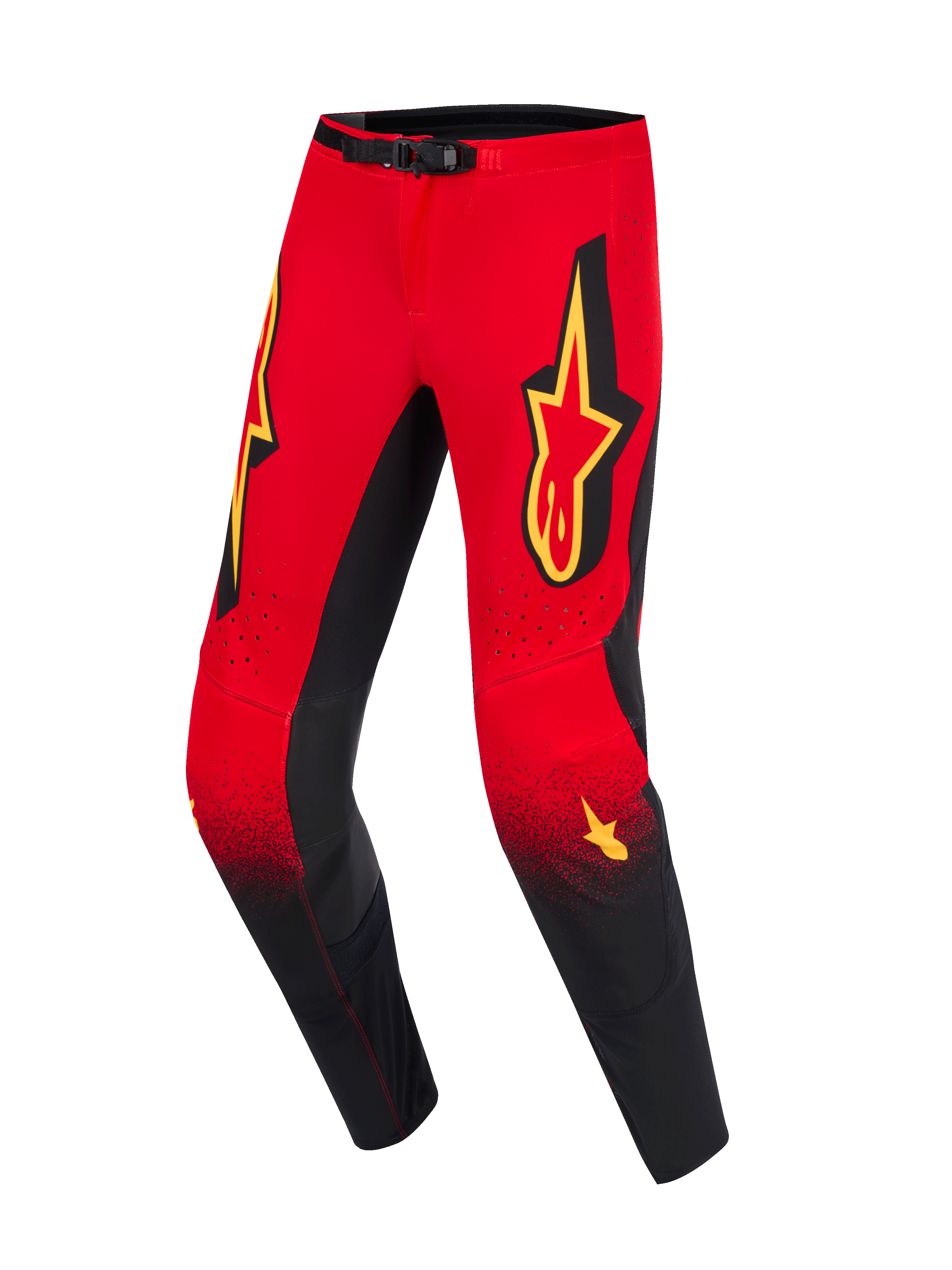 Alpinestars 2026 Supertech Scenz Pants, pantaloni da motocross, rosso, nero e giallo, parte superiore rossa sfumata verso il nero sulla parte inferiore delle gambe con gradiente puntinato, grandi loghi Alpinestars gialli sulle cosce, pannelli interni delle ginocchia neri e chiusura magnetica in vita