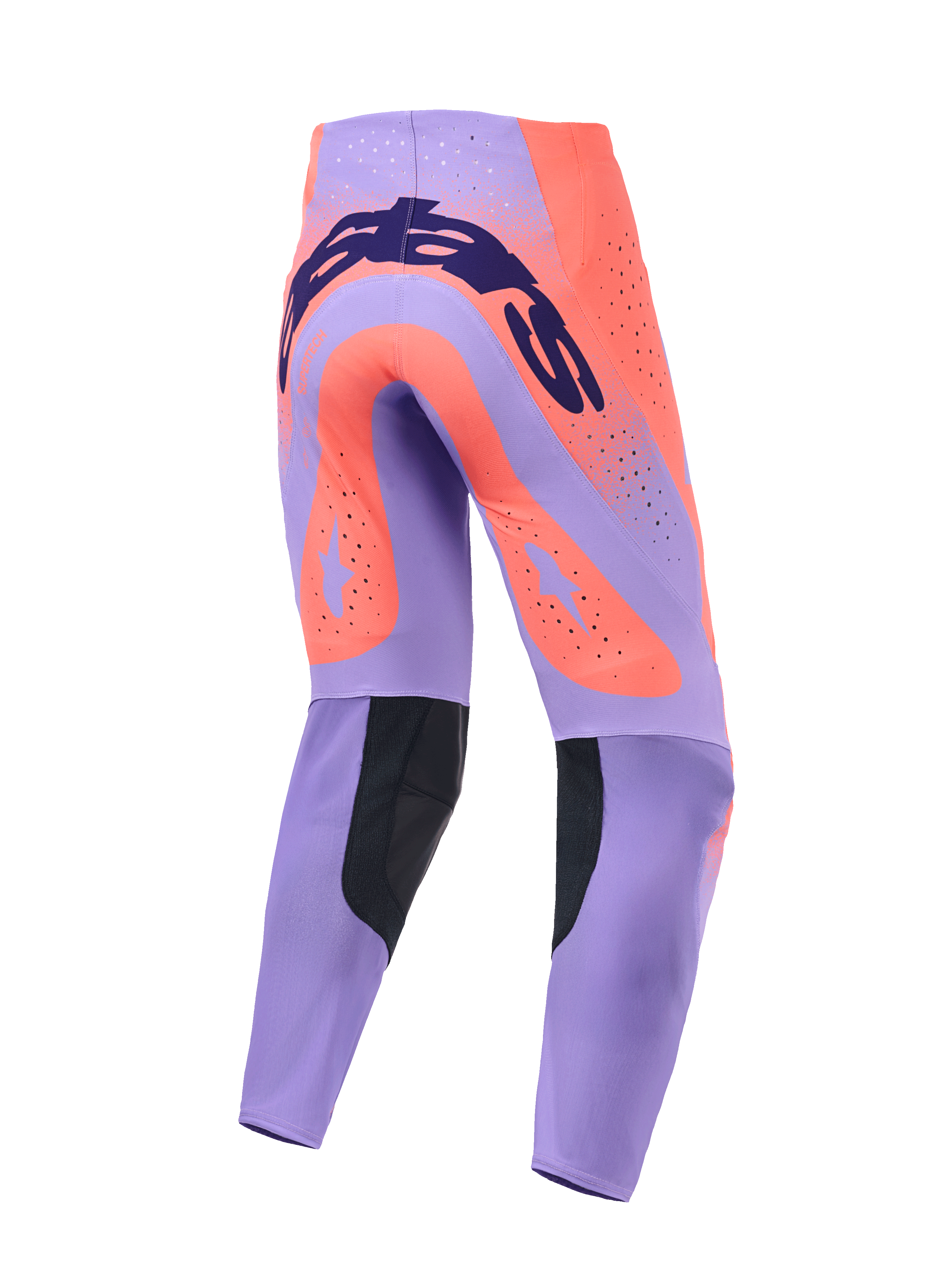 Alpinestars Supertech Scenz 2026, pantaloni da motocross, corallo acceso e viola, vista posteriore con marchio blu scuro sulla seduta, grandi stelle corallo sulle cosce, pannelli interni neri sui polpacci e fori di ventilazione tagliati al laser.