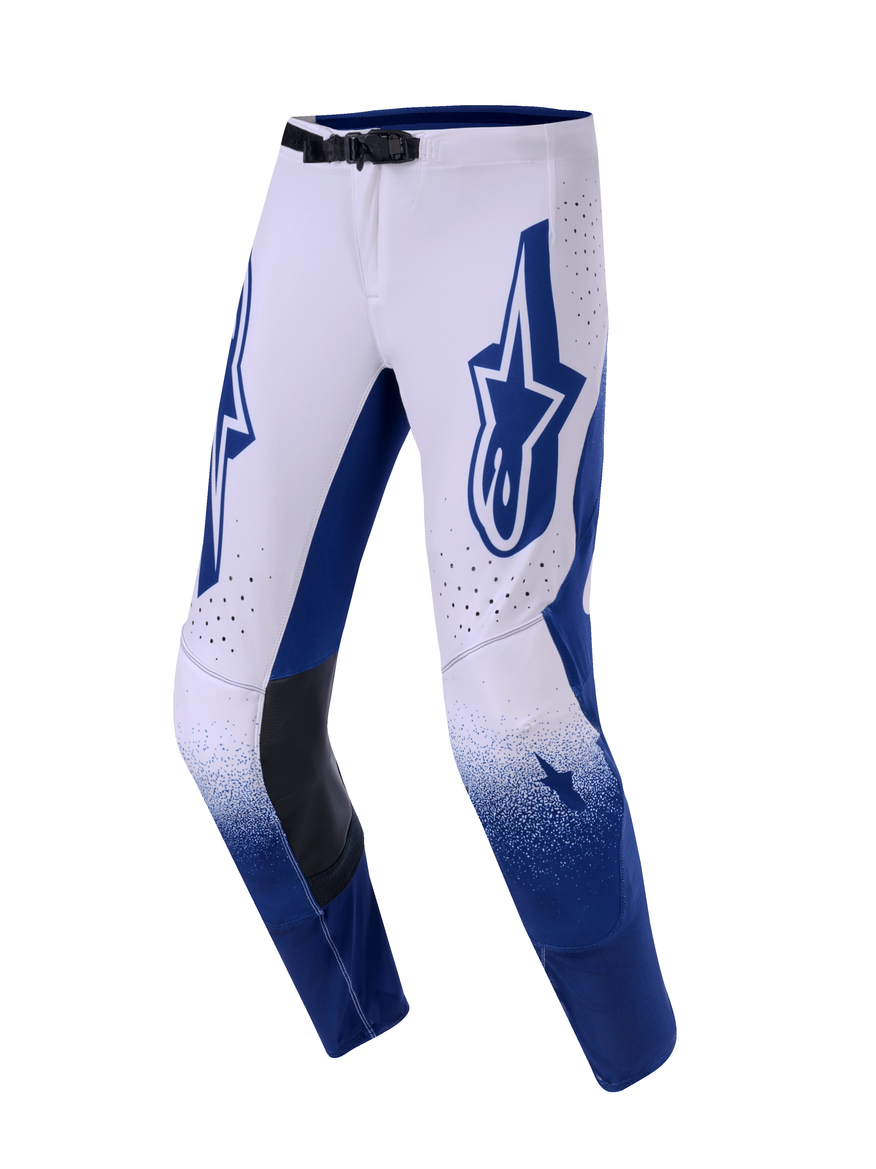Alpinestars Supertech Scenz 2026, pantaloni da motocross, grigio chiaro e blu scuro, con grande logo Astars blu sulla coscia, pannelli interni al ginocchio in pelle nera e fori di ventilazione, effetto sfumato sulla parte inferiore delle gambe, abbigliamento professionale per performance fuoristrada