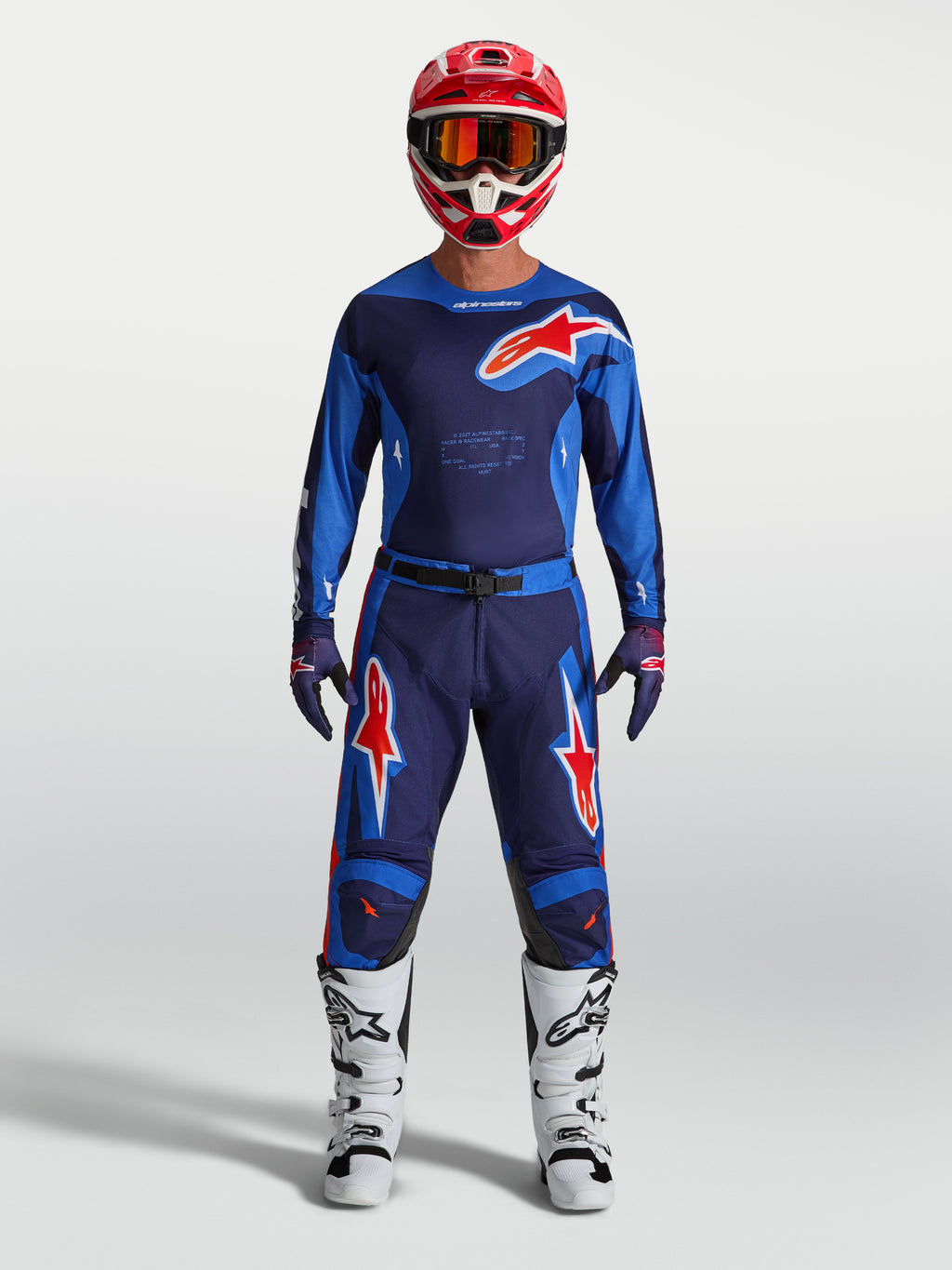 Alpinestars pantaloni Racer Hunt, abbigliamento motocross da uomo, blu e rosso, in poliestere resistente per fuoristrada.
