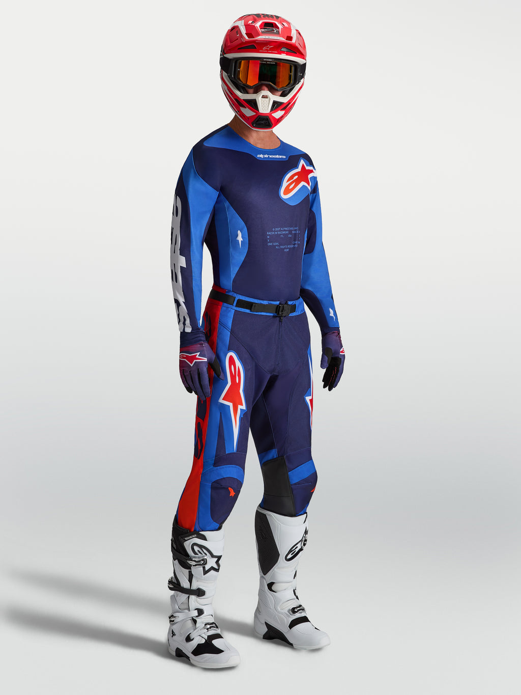 Alpinestars Pantaloni Racer Hunt, pantaloni da motocross uomo blu e rossi, vestibilità ergonomica pre-curvata da gara.