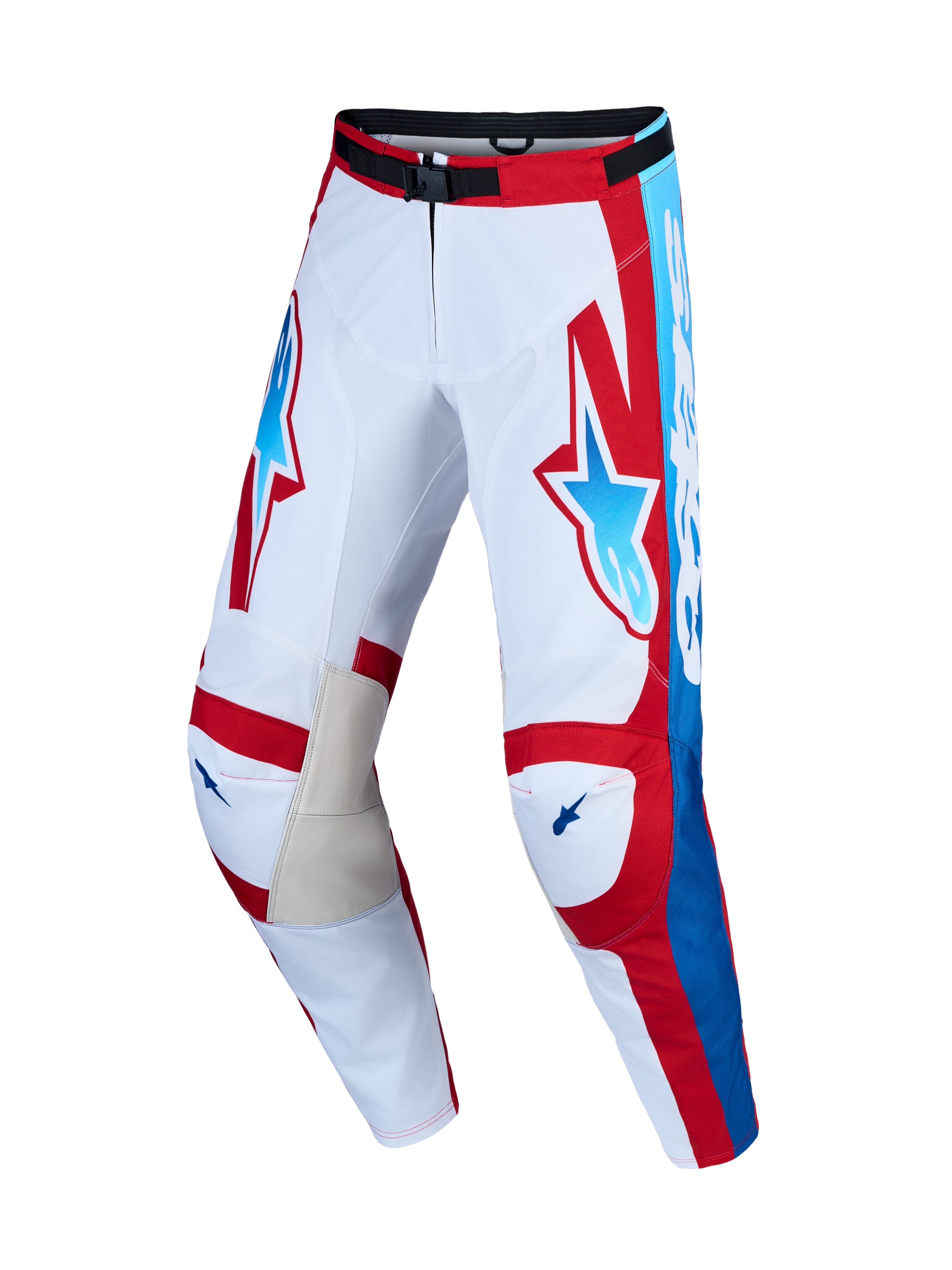 Alpinestars Pantaloni Racer Hunt, pantaloni motocross da uomo bianchi e rossi con dettagli blu e interno ginocchio in pelle.