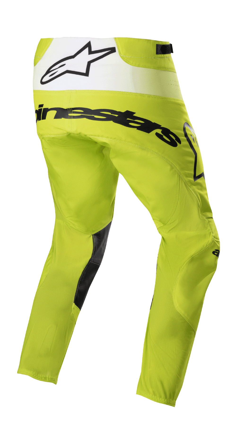 Alpinestars 2023 Techstar Push Pants, pantaloni da motocross, giallo fluo e bianco, vista posteriore di tre quarti con branding nero e pannello posteriore bianco con logo a stella, inserti neri nell'interno gamba, abbigliamento resistente per gare fuoristrada